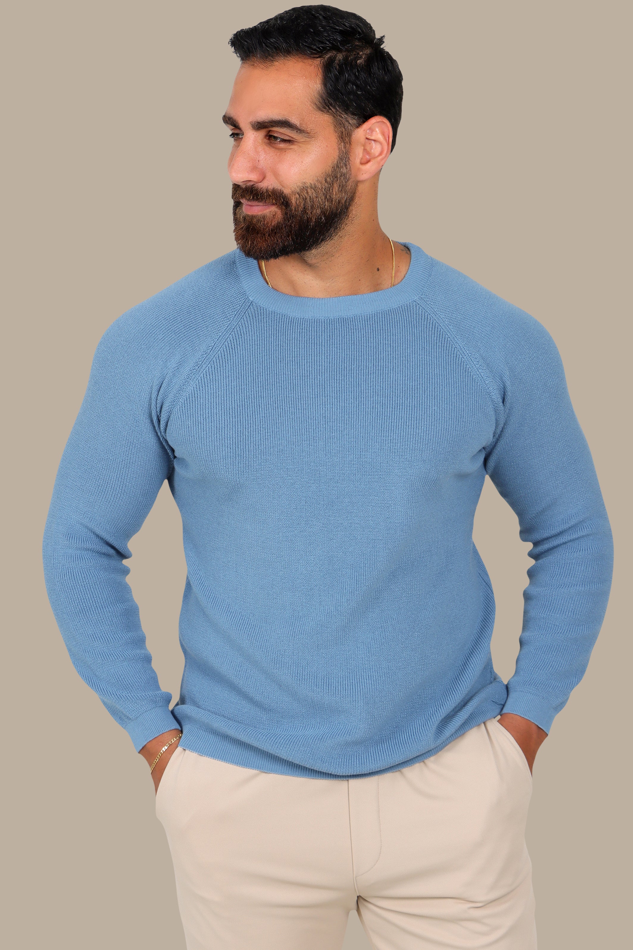 Sophisticated Style: Light Blue Round Neck Sweater with Shoulder Cups