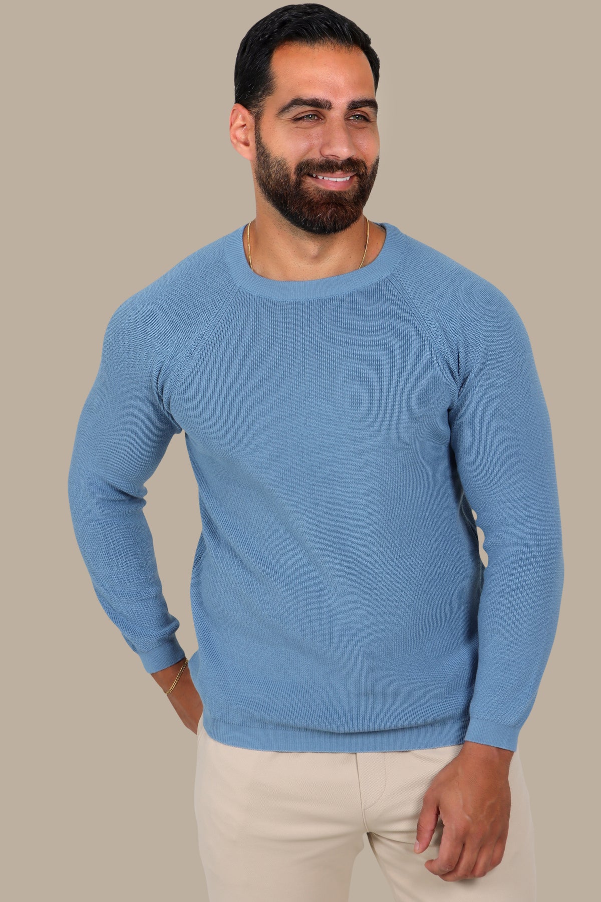 Sophisticated Style: Light Blue Round Neck Sweater with Shoulder Cups