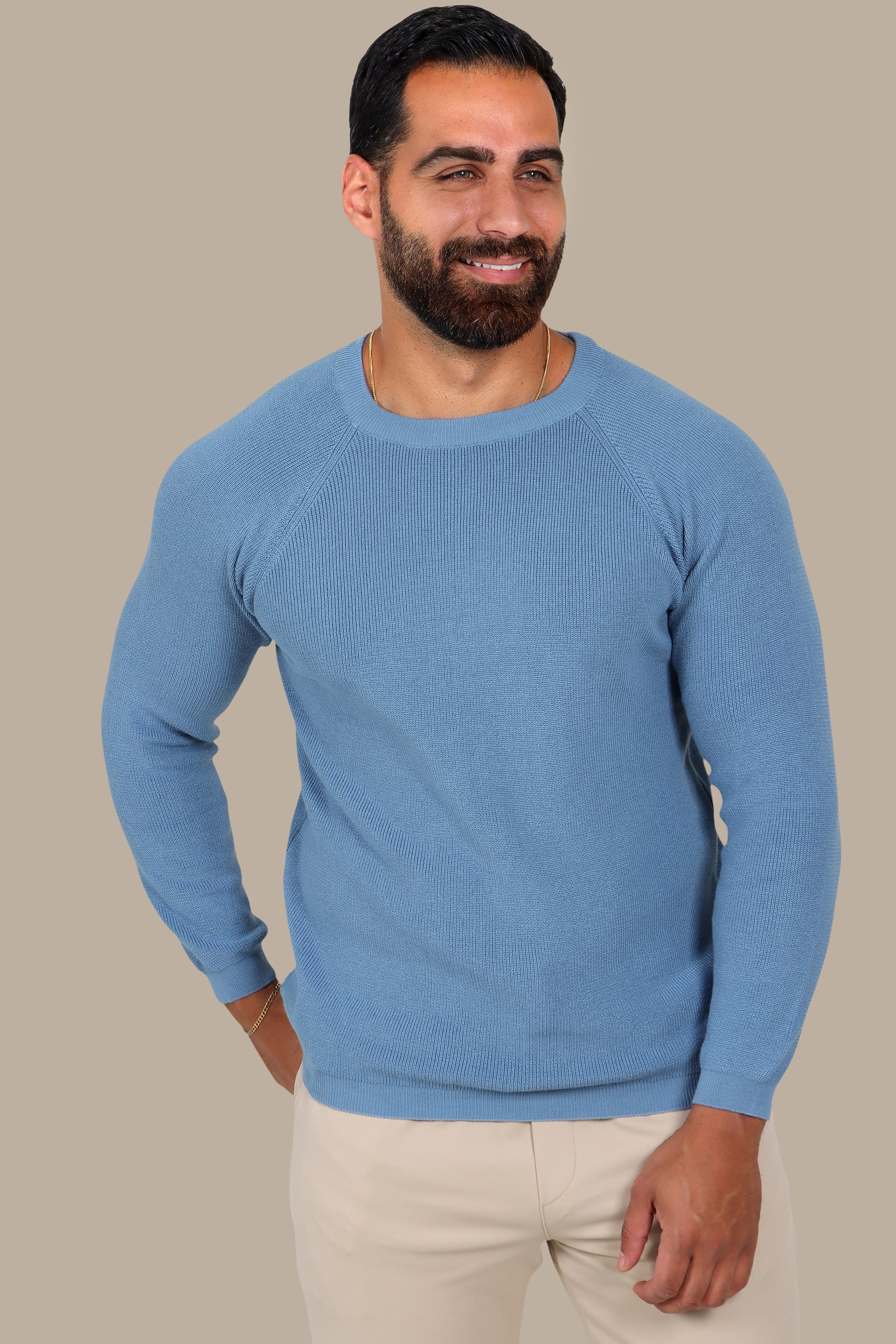 Sophisticated Style: Light Blue Round Neck Sweater with Shoulder Cups