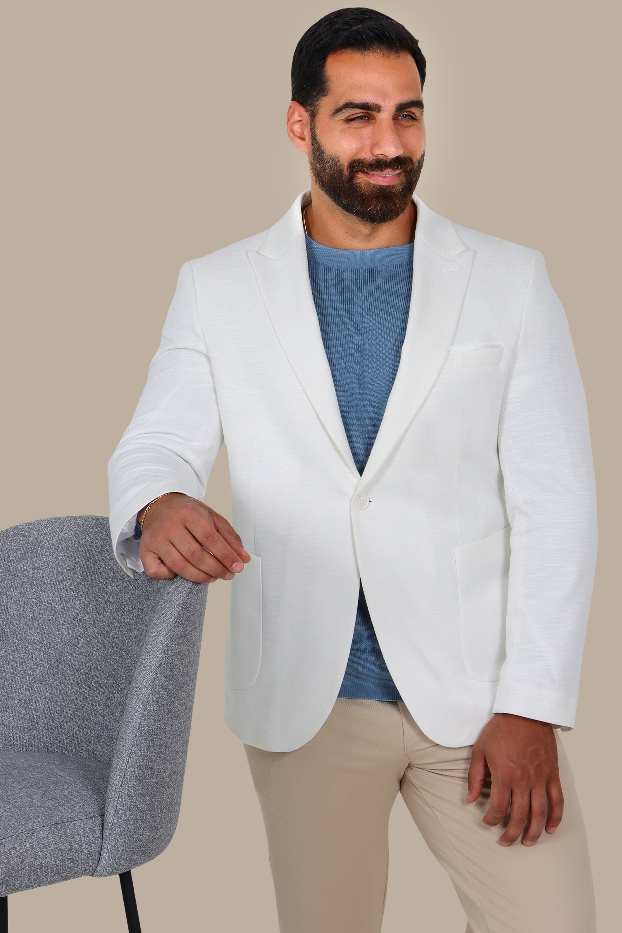 White Fil-à-Fil Blazer with Peak Lapel