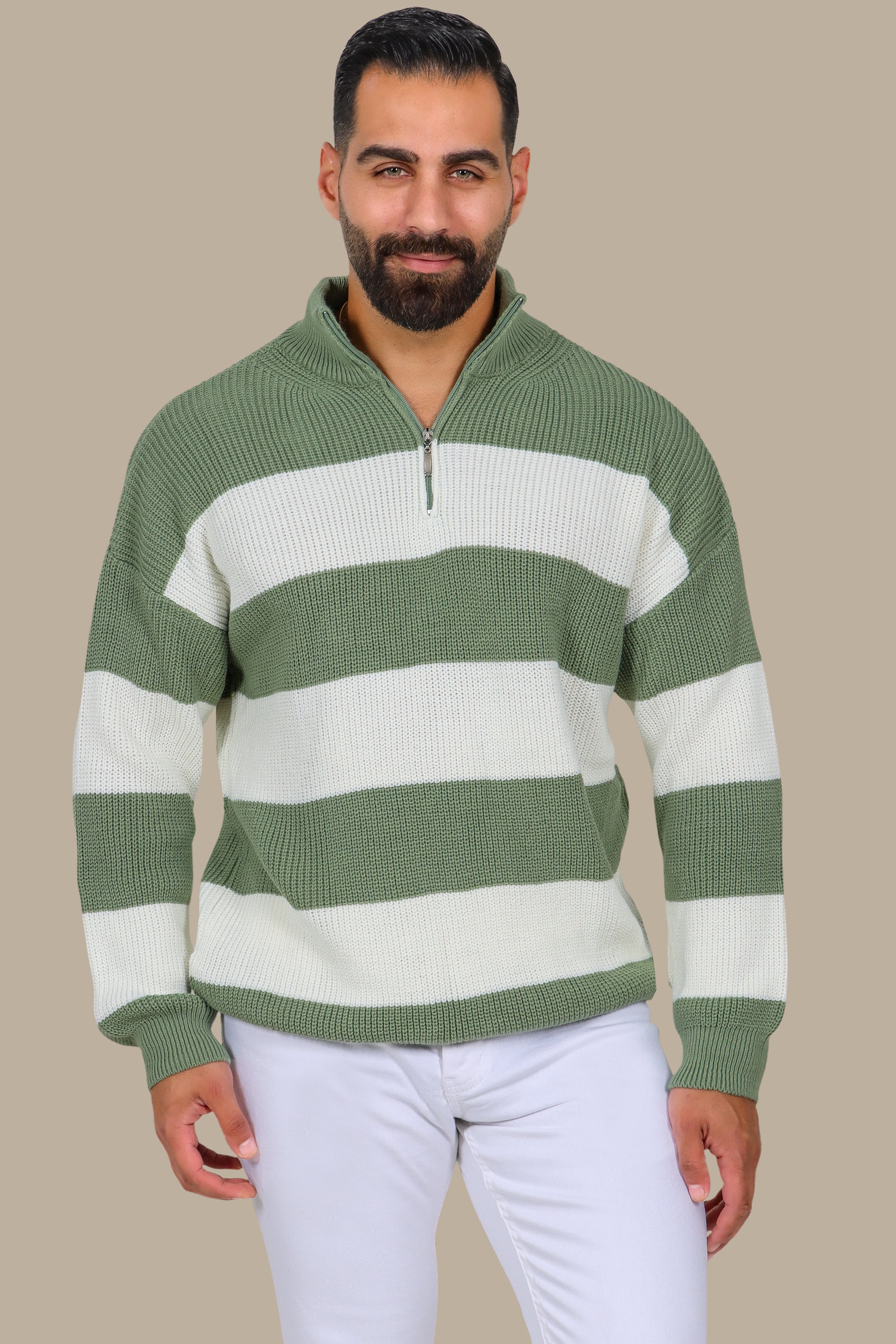 Mercerized Half-Zip Sweater with Horizontal Wide Stripes in Olive