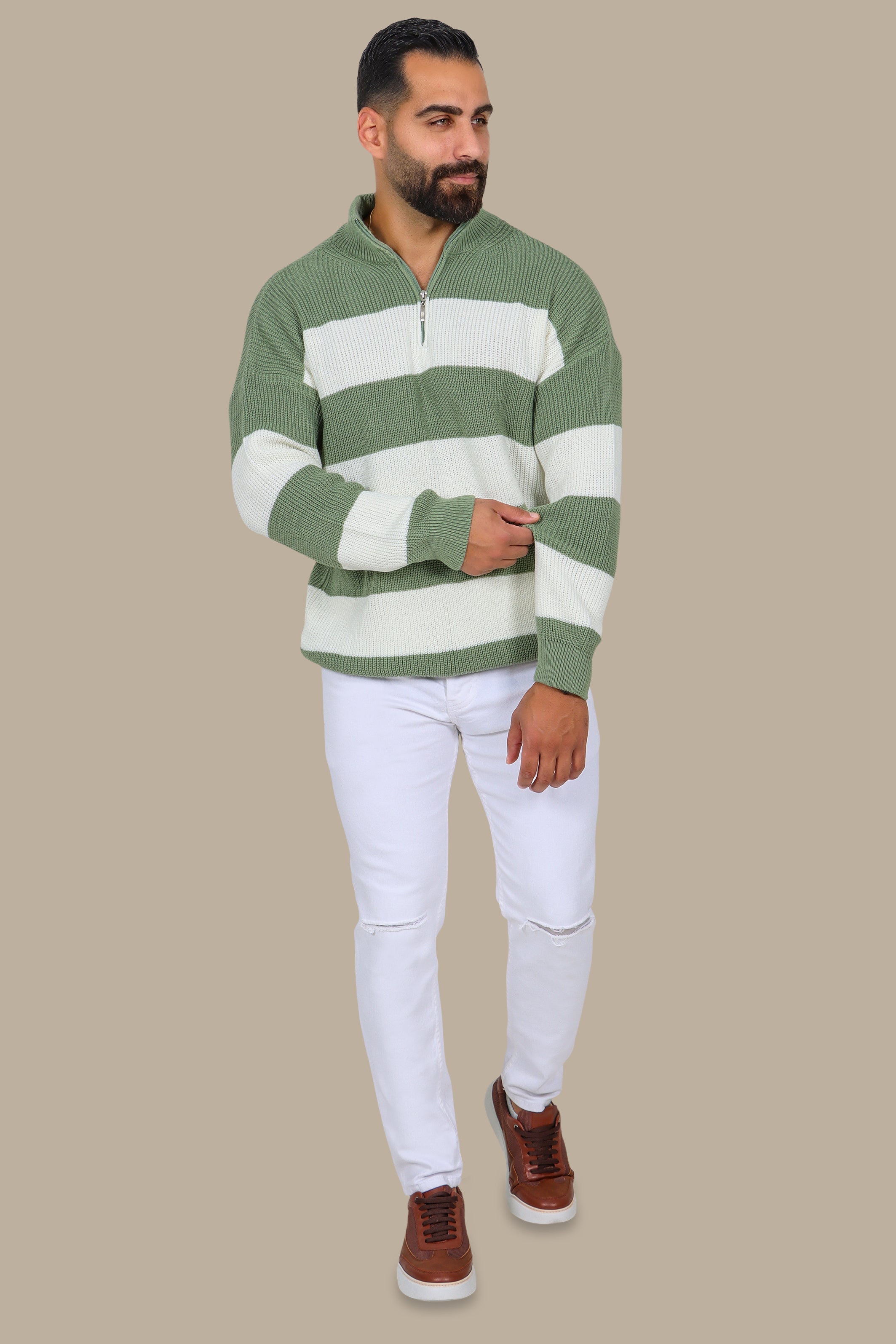 Mercerized Half-Zip Sweater with Horizontal Wide Stripes in Olive