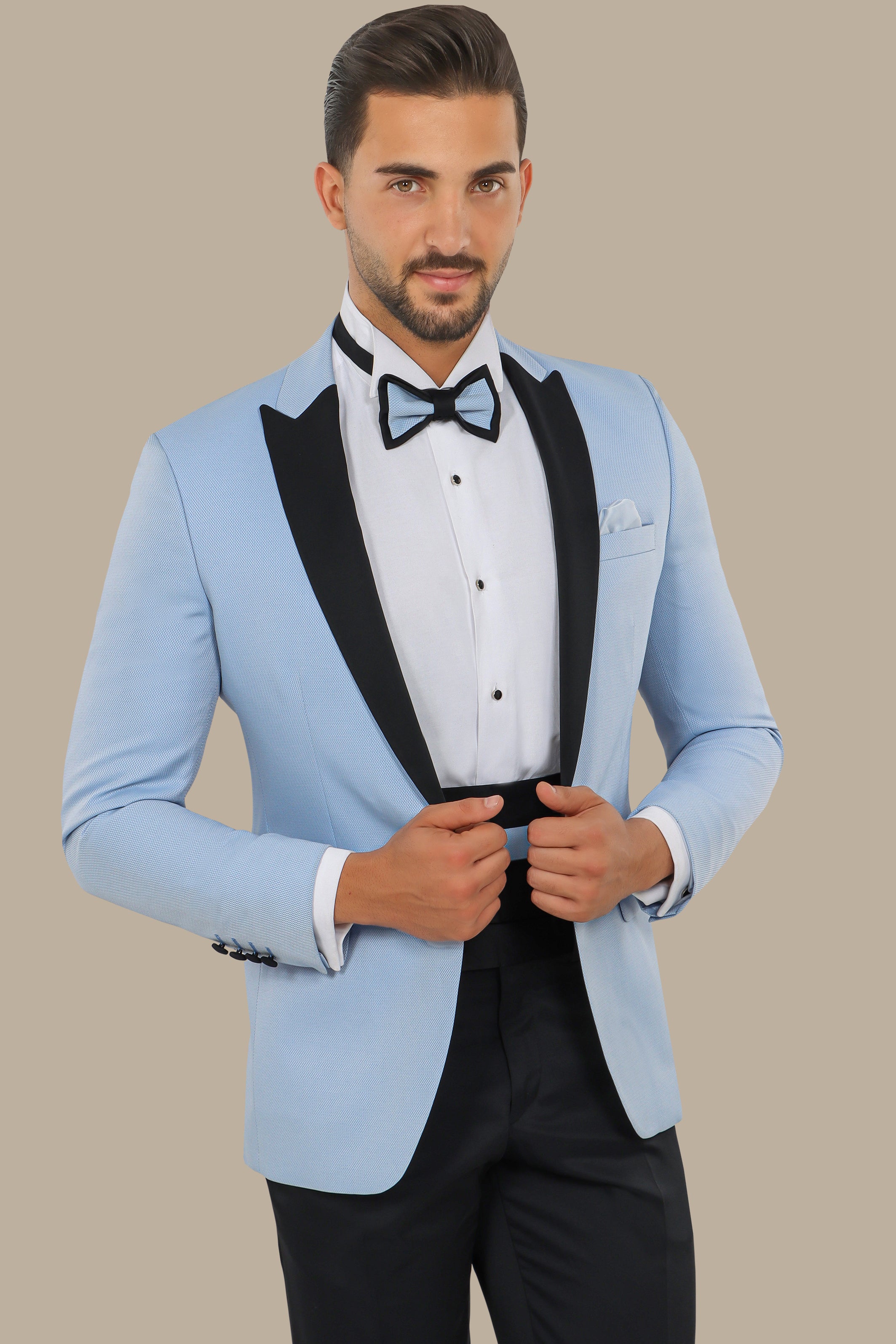 Light Blue Piquet Tuxedo with Satin Peak Lapel – 4-Piece Set