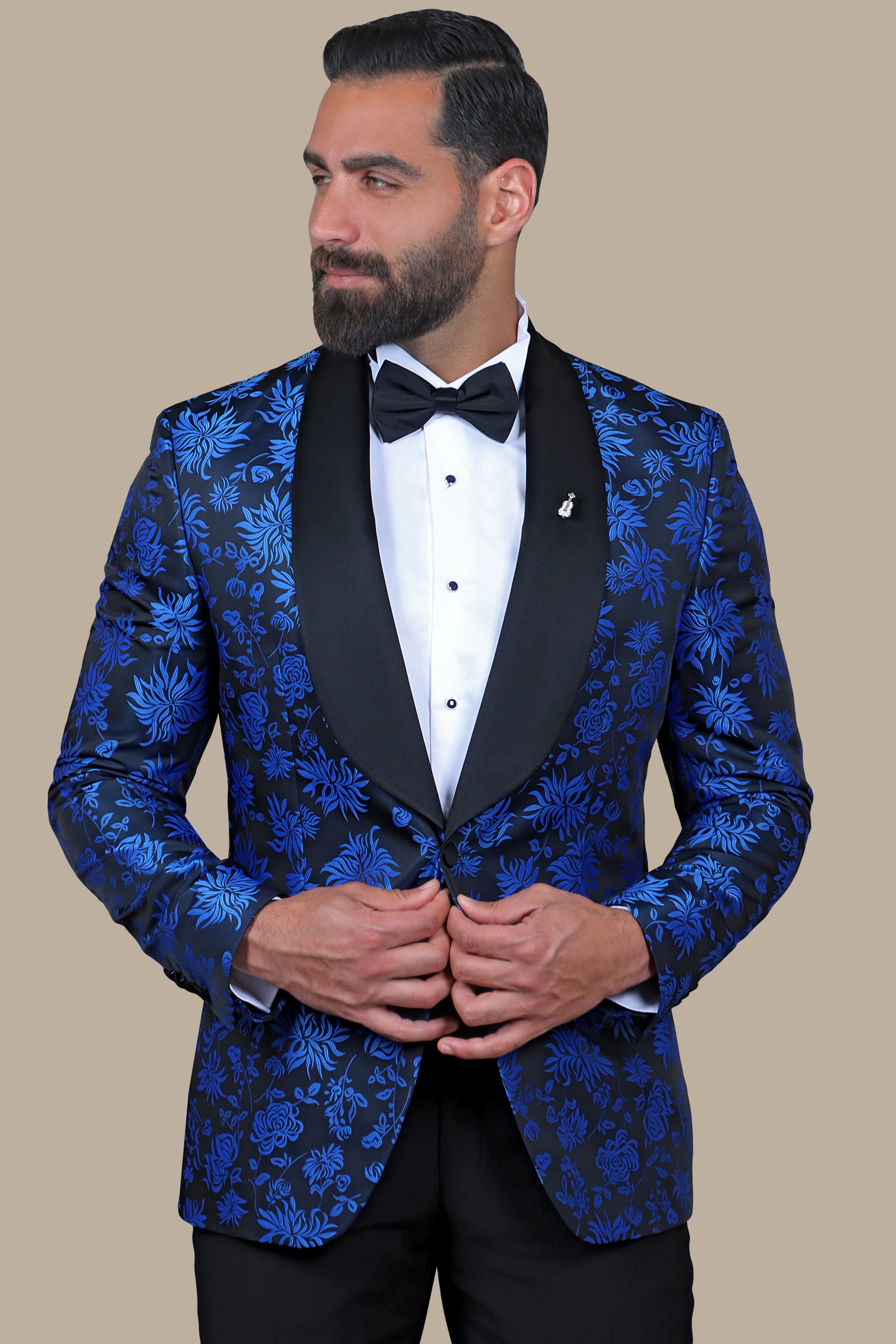 Floral Fusion: FV Tuxedo with Blue & Black Printed Col Chale