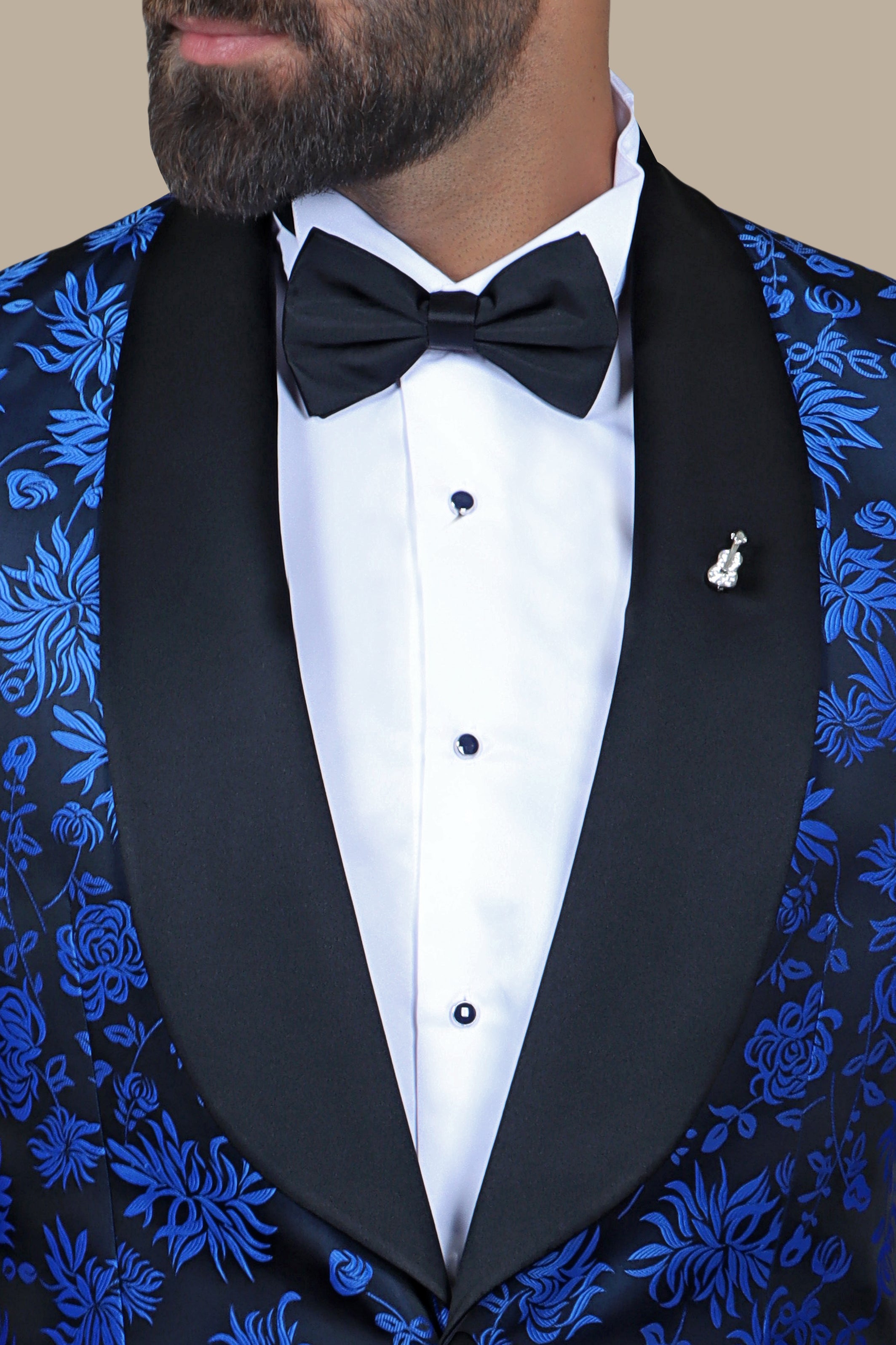 Floral Fusion: FV Tuxedo with Blue & Black Printed Col Chale