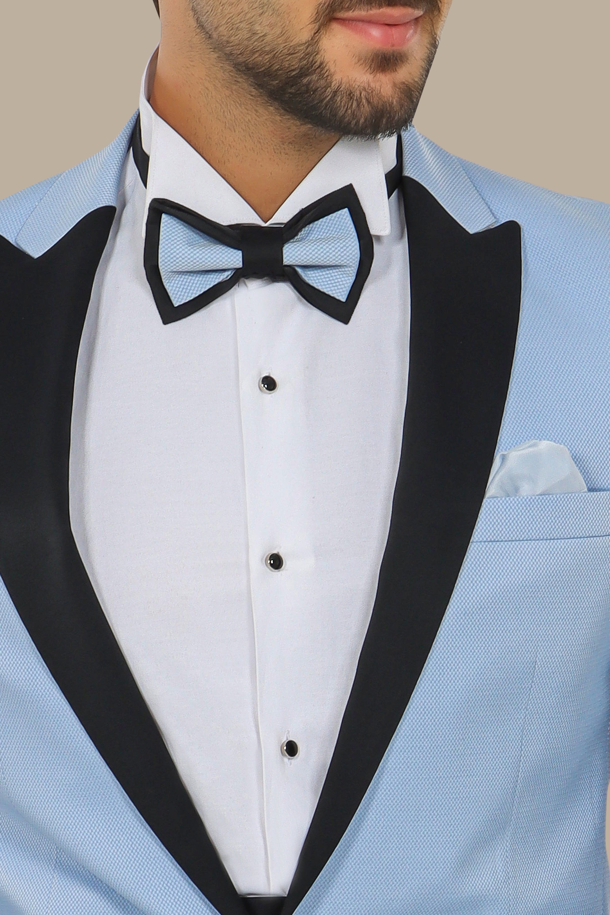 Light Blue Piquet Tuxedo with Satin Peak Lapel – 4-Piece Set