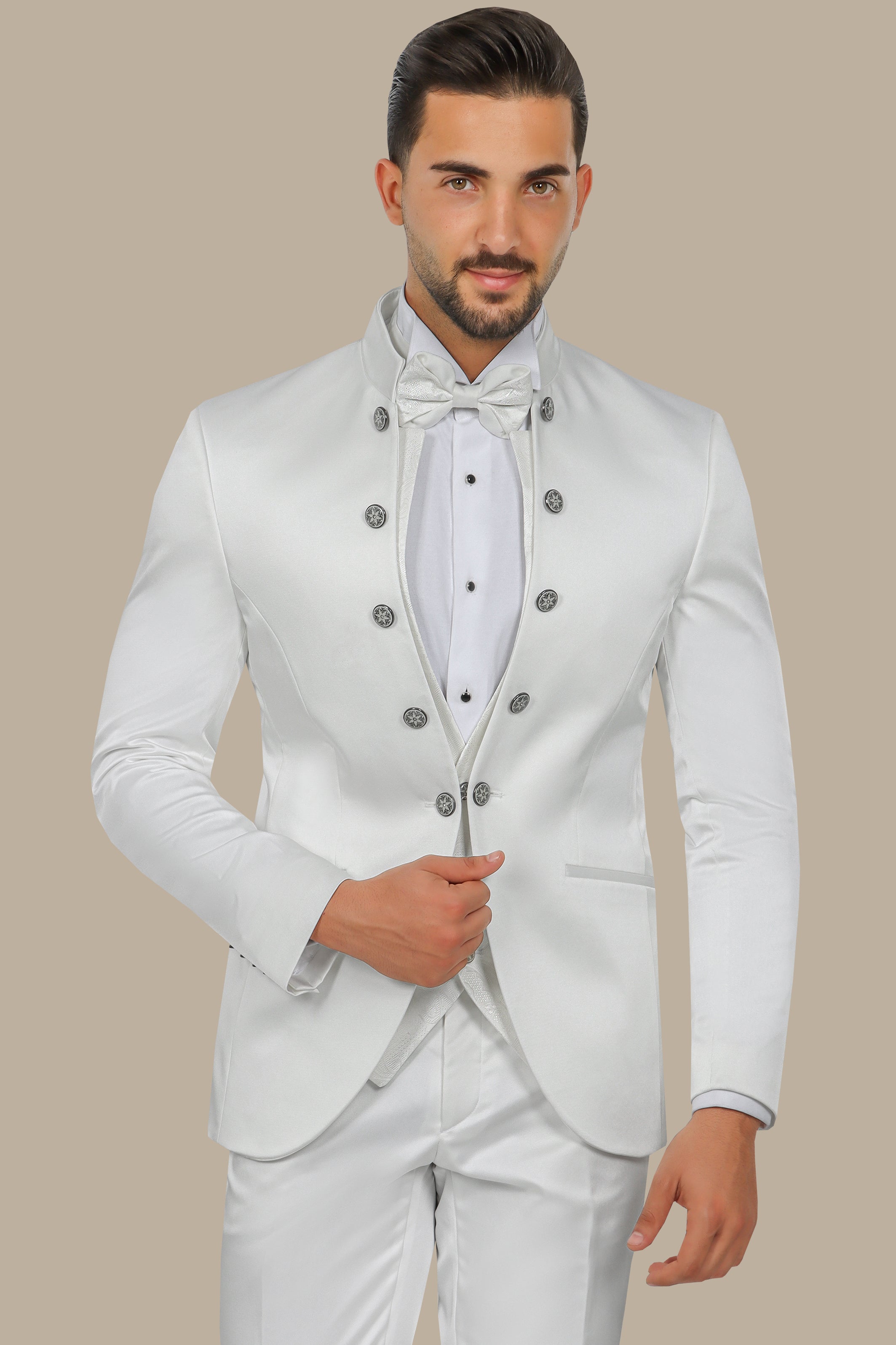 White Mao Collar Tuxedo with Patterned Vest – 4-Piece Set