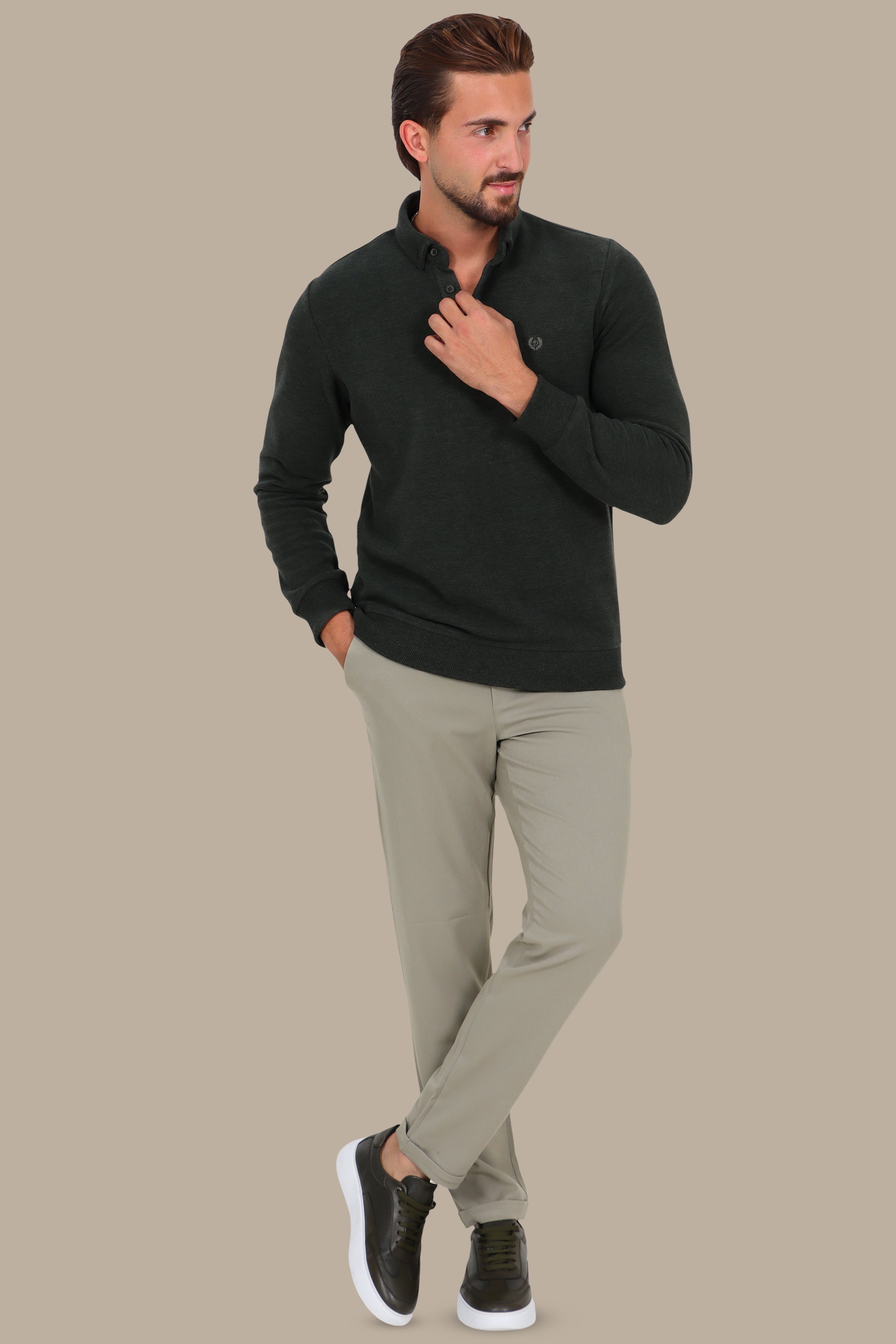 Velvet Polo with Button-Down Front in Green