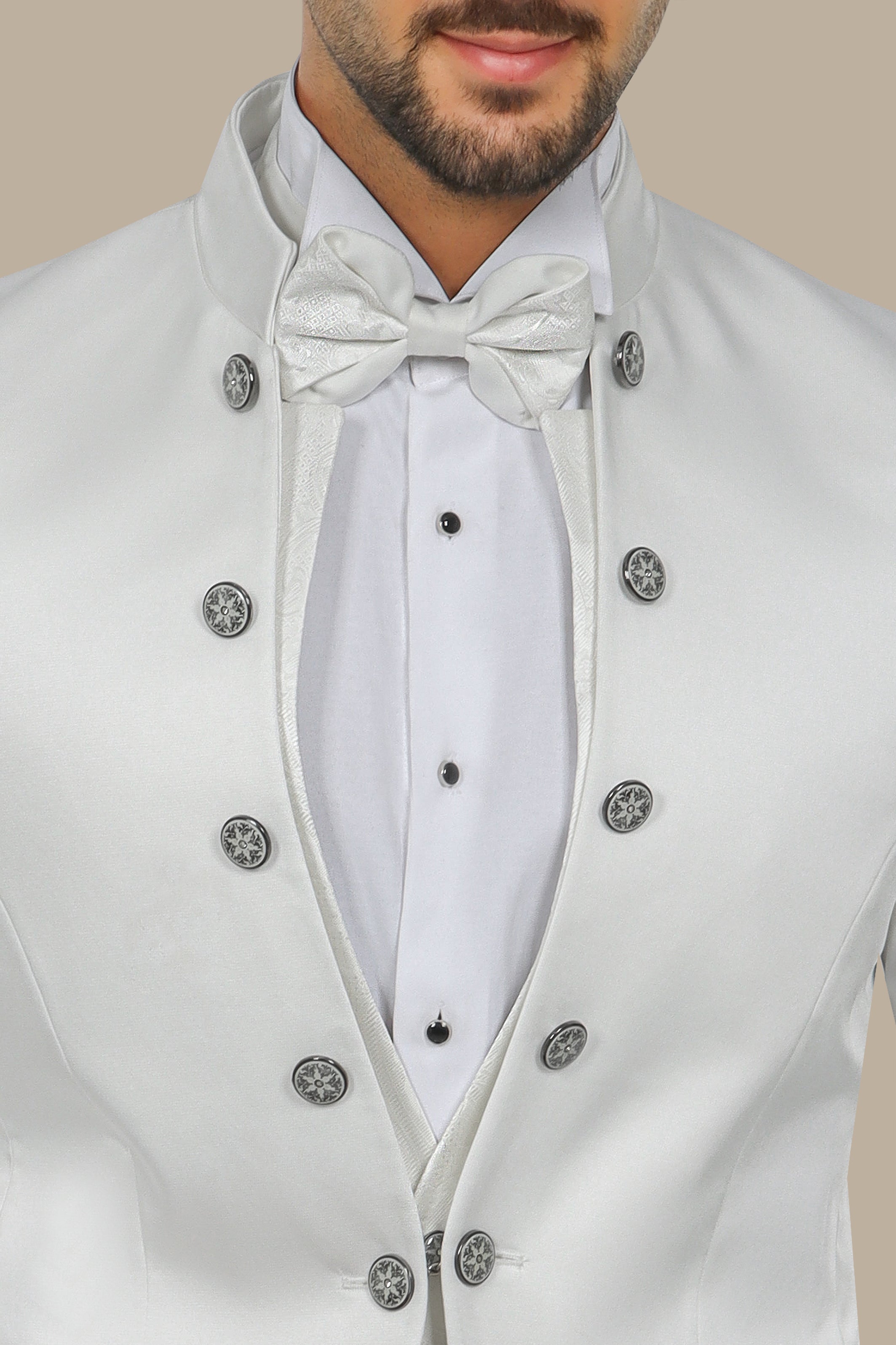 White Mao Collar Tuxedo with Patterned Vest – 4-Piece Set