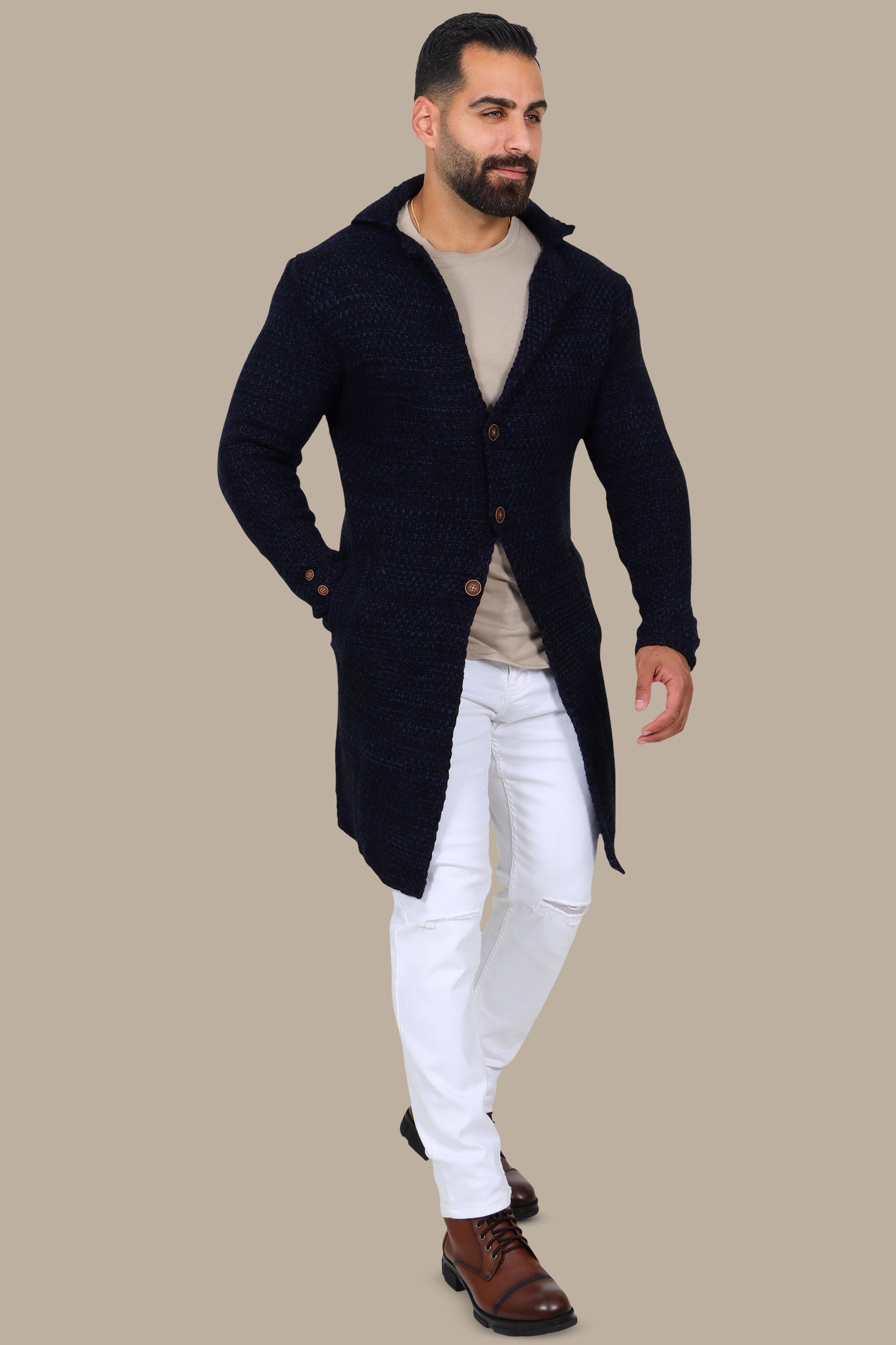 Navy Mercerized Mons Long Cardigan