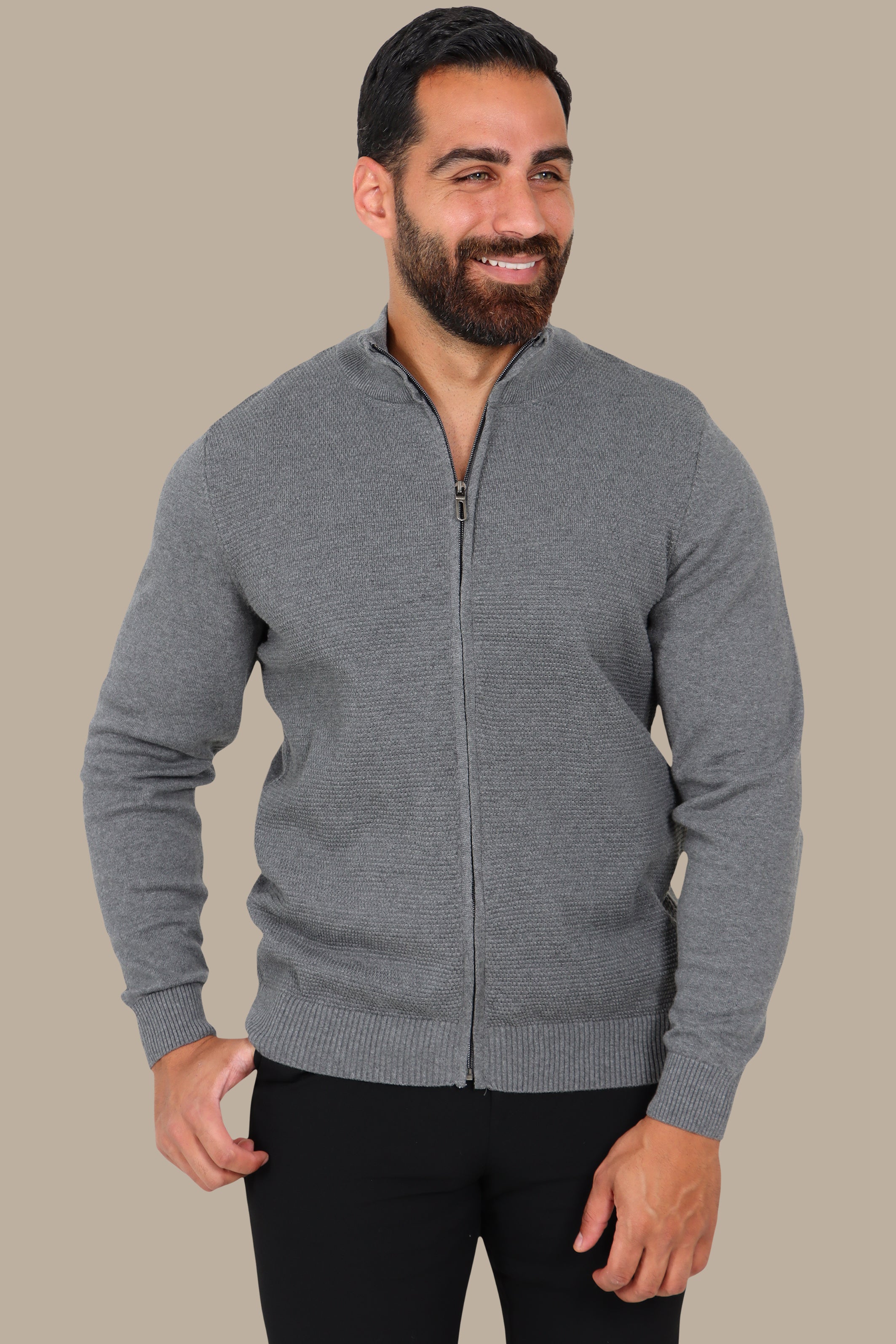 Grey Full-Zip Cardigan with Bee Print