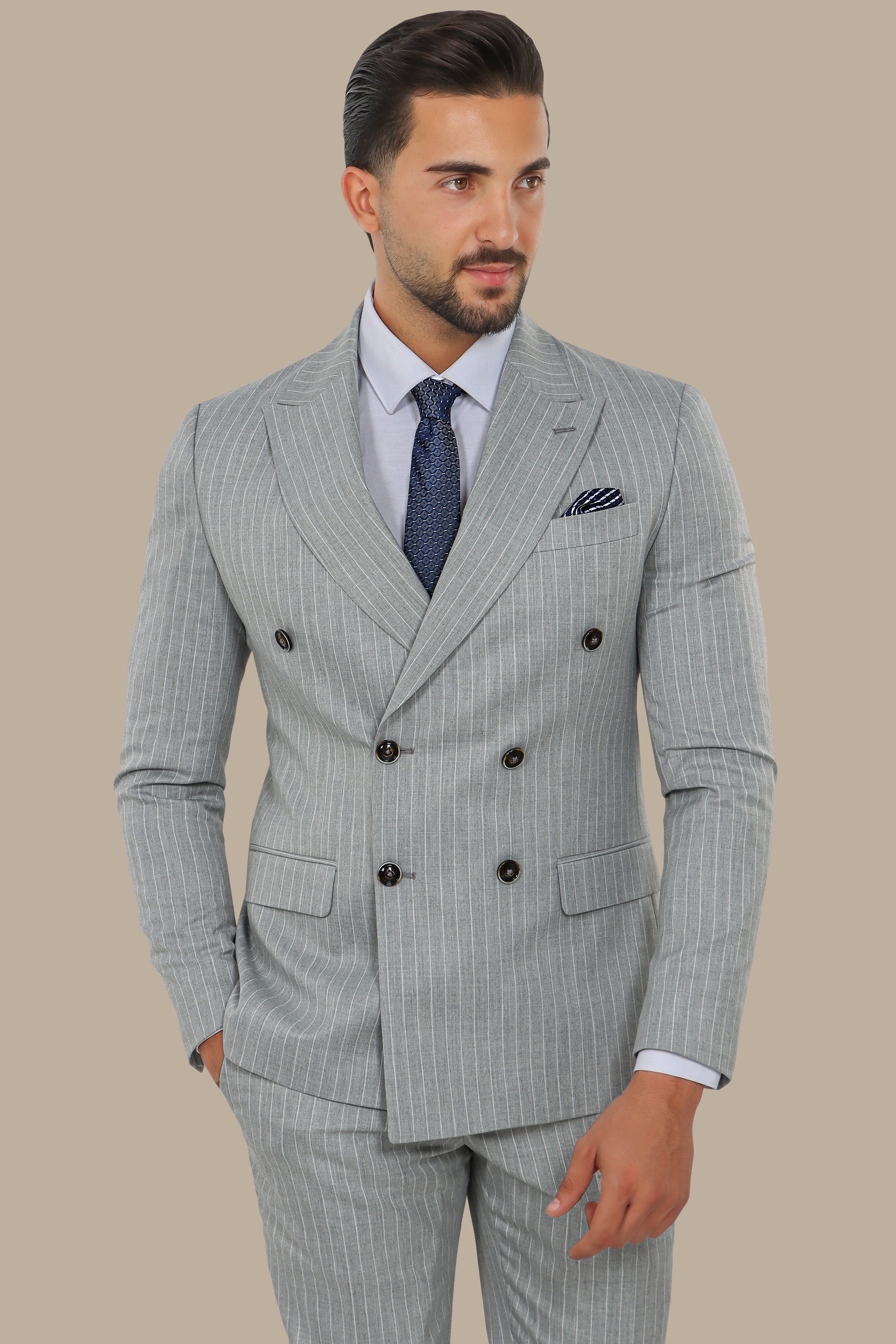 Light Grey Double-Breasted Pinstripe Suit