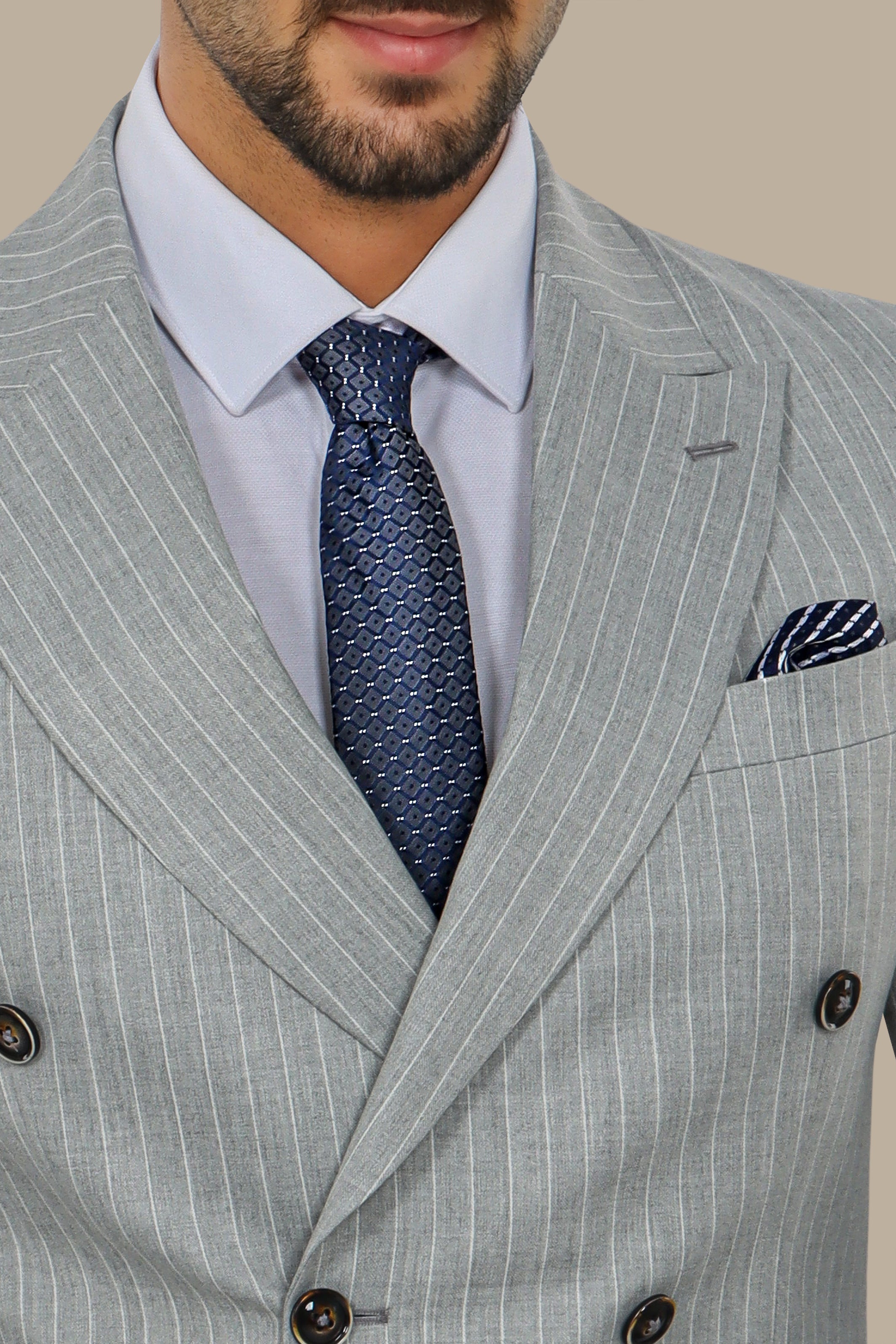 Light Grey Double-Breasted Pinstripe Suit