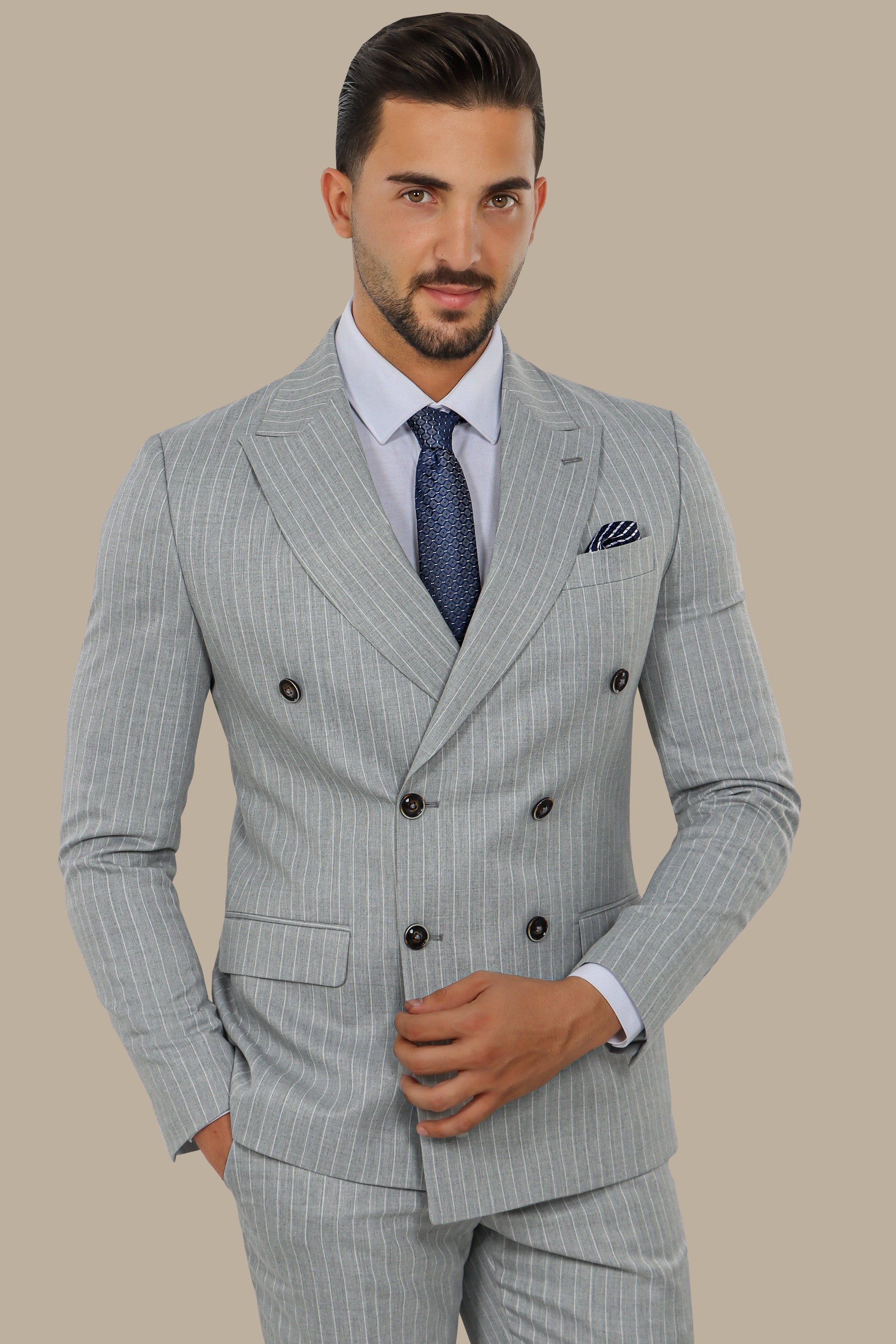 Light Grey Double-Breasted Pinstripe Suit