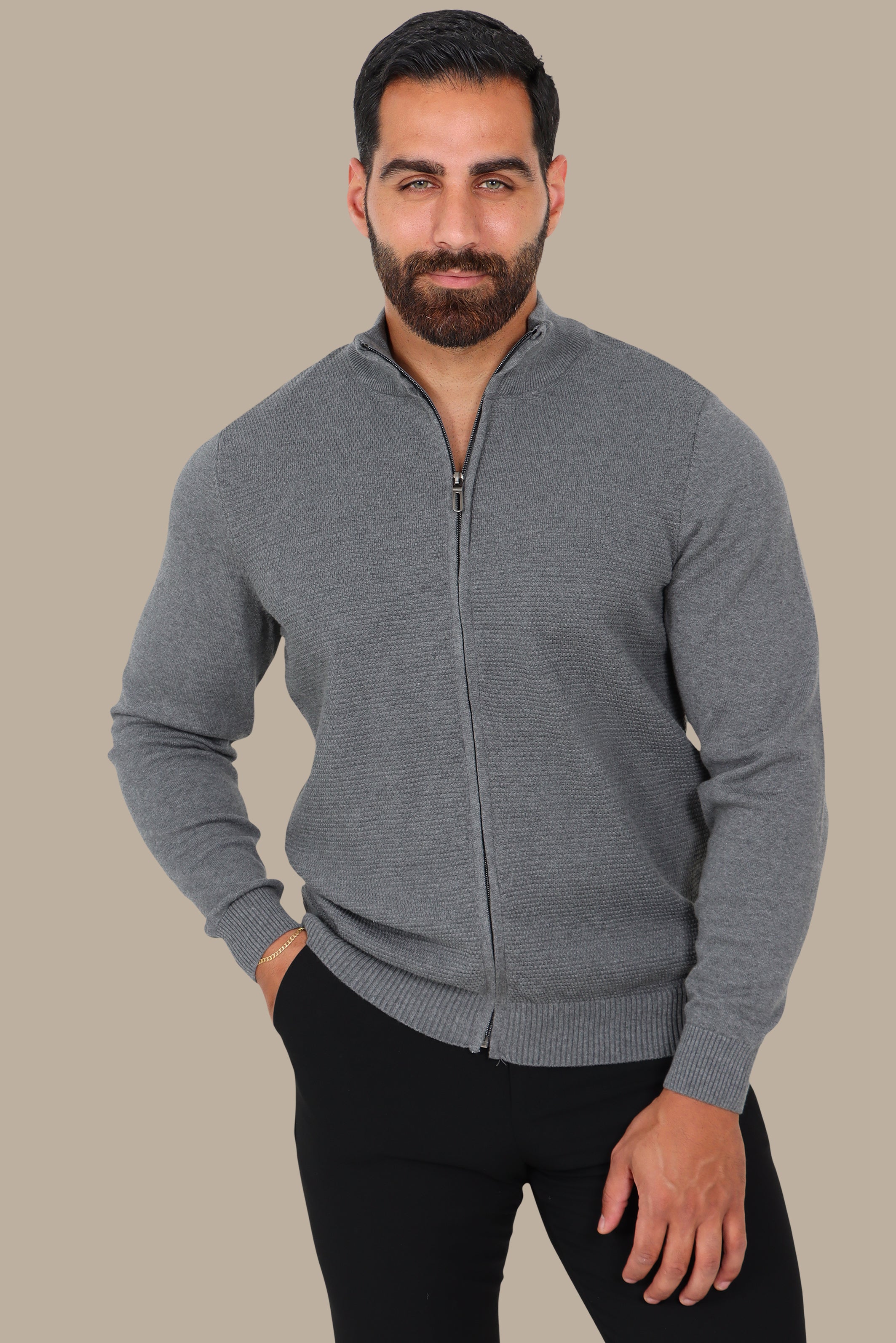 Grey Full-Zip Cardigan with Bee Print