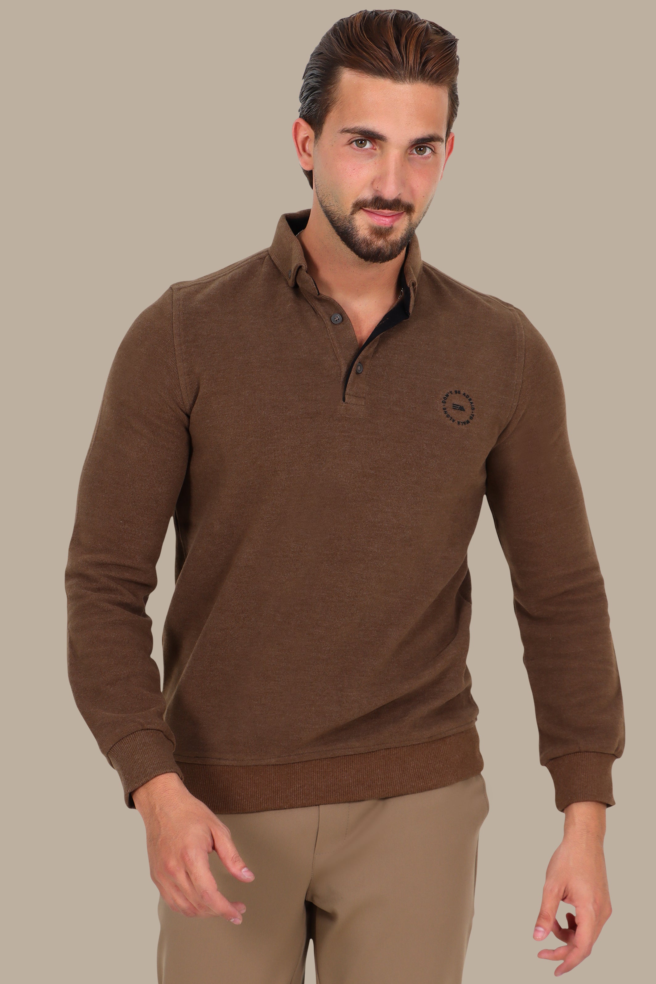 Velvet Long-Sleeve Polo in Light Brown