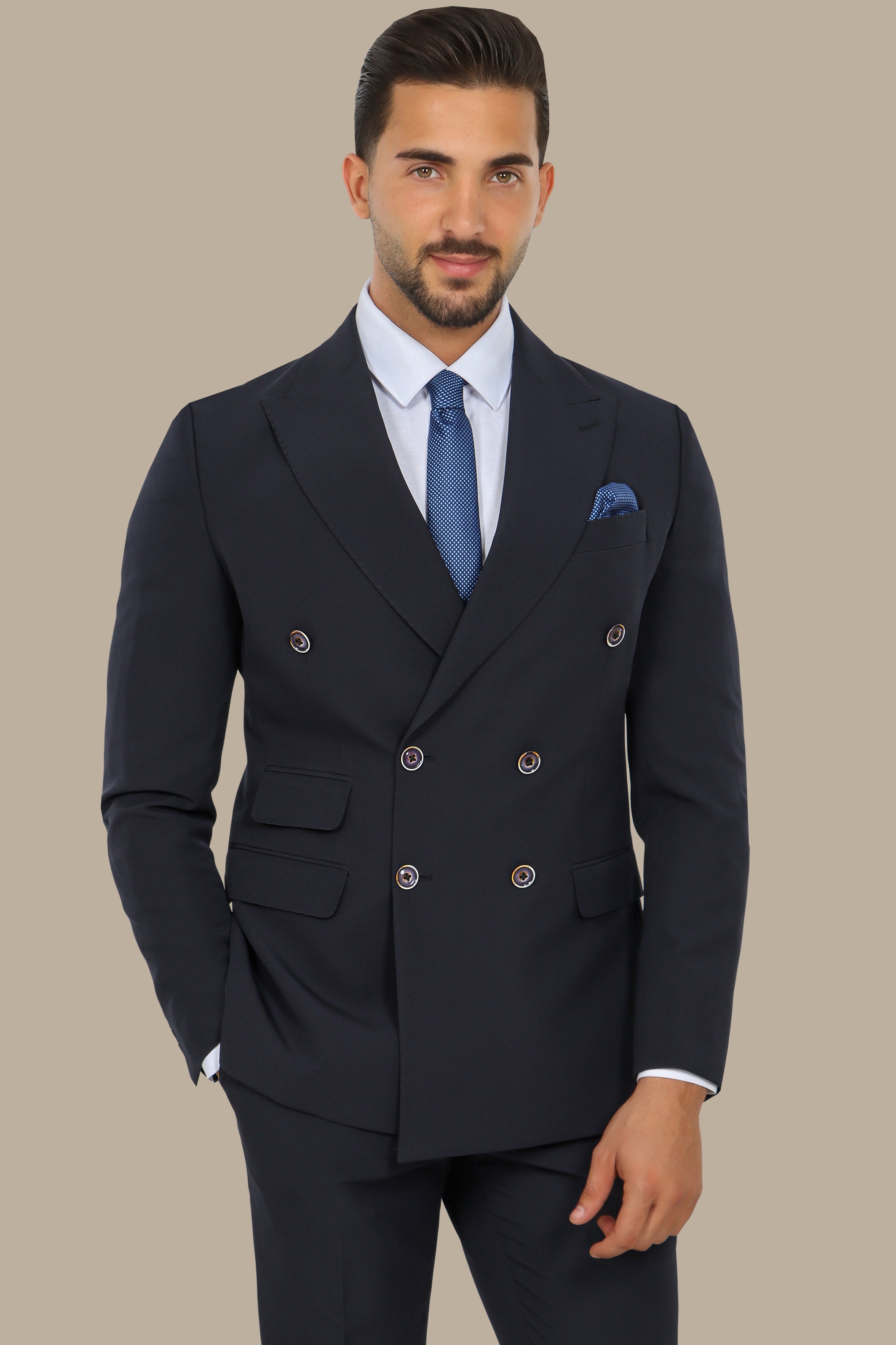 Navy Double-Breasted Suit with Peak Lapel