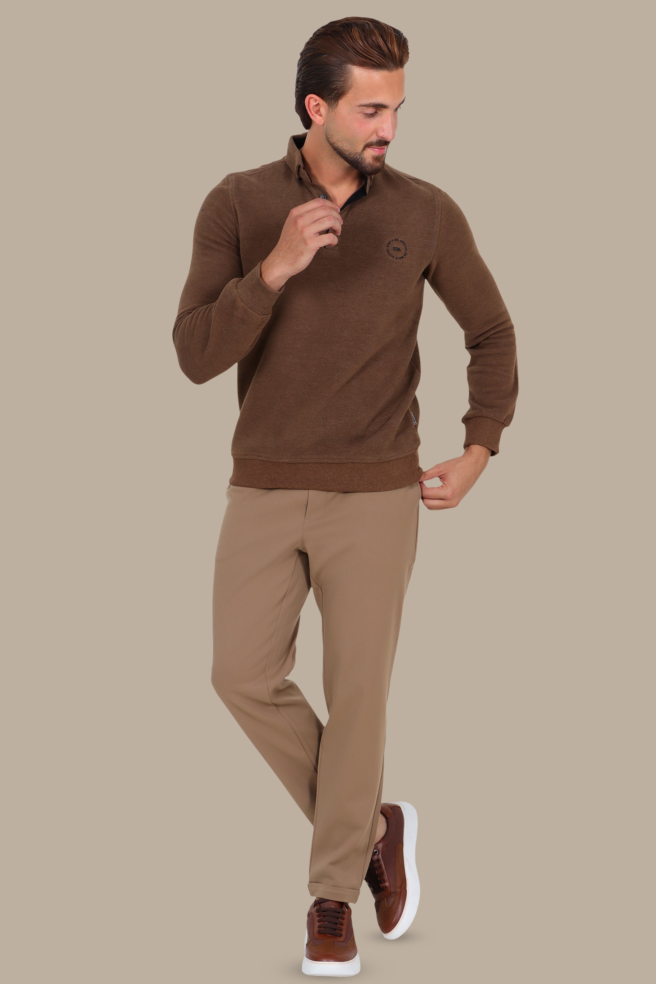 Velvet Long-Sleeve Polo in Light Brown