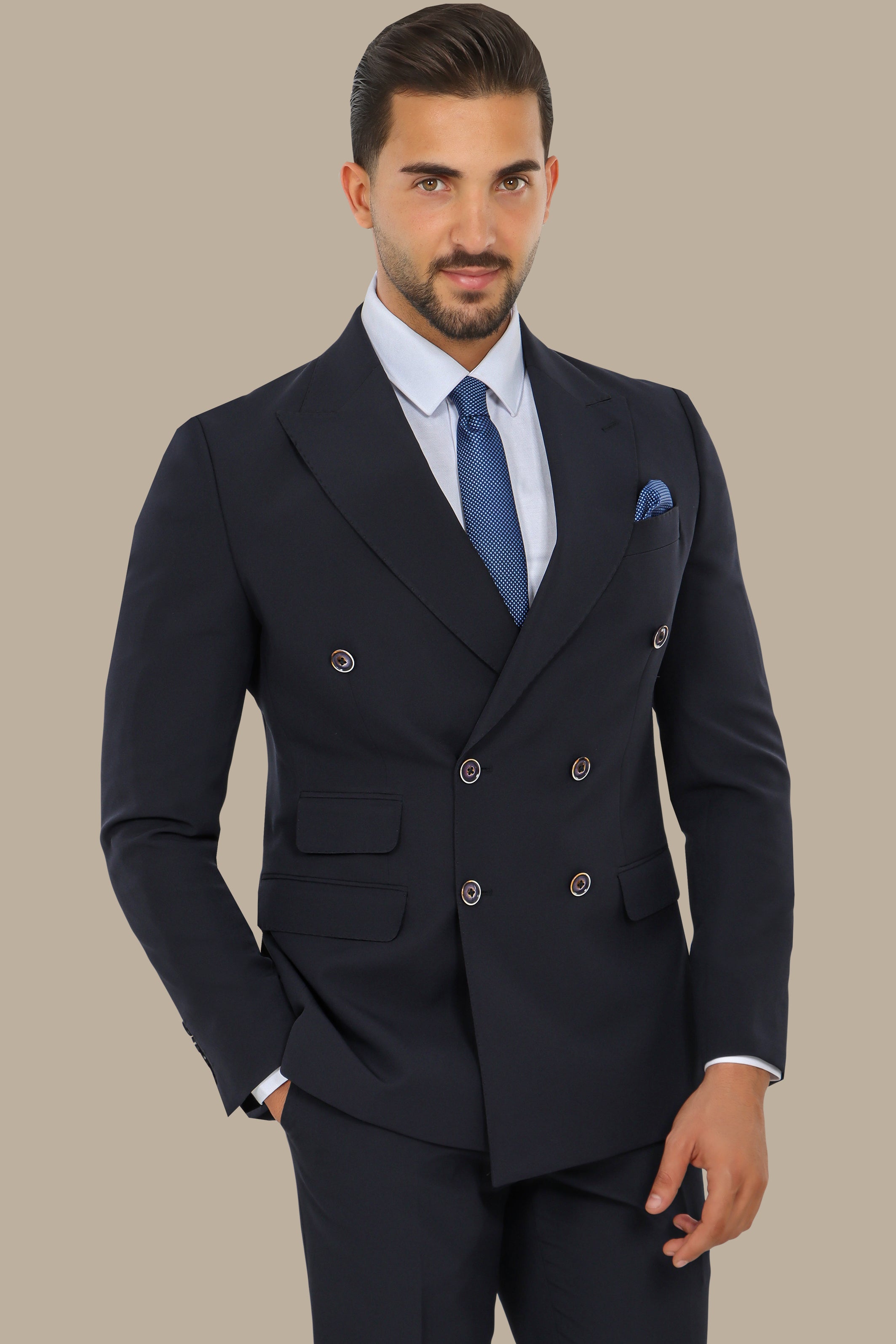 Navy Double-Breasted Suit with Peak Lapel