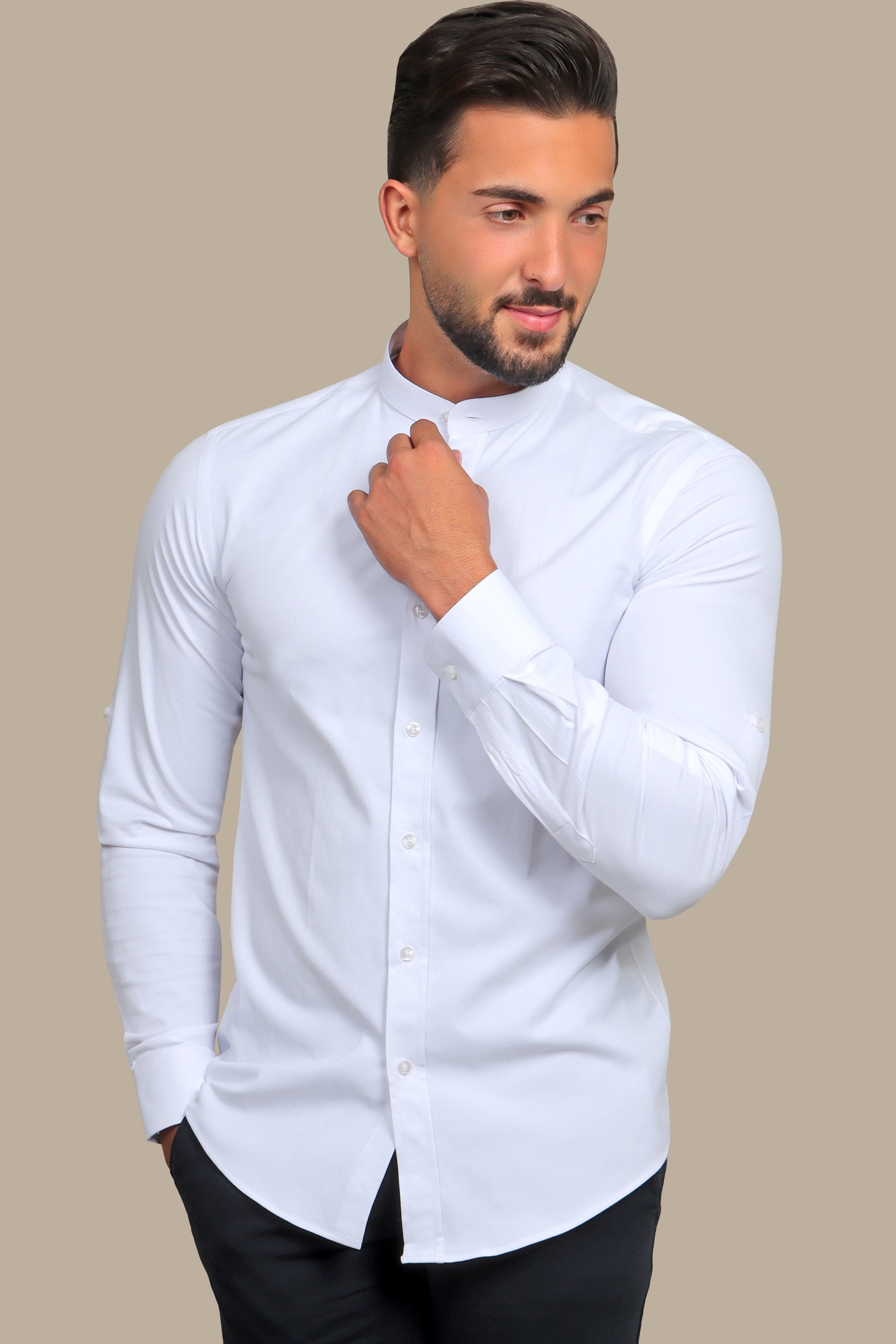 White Lycra Mao Collar Casual Shirt