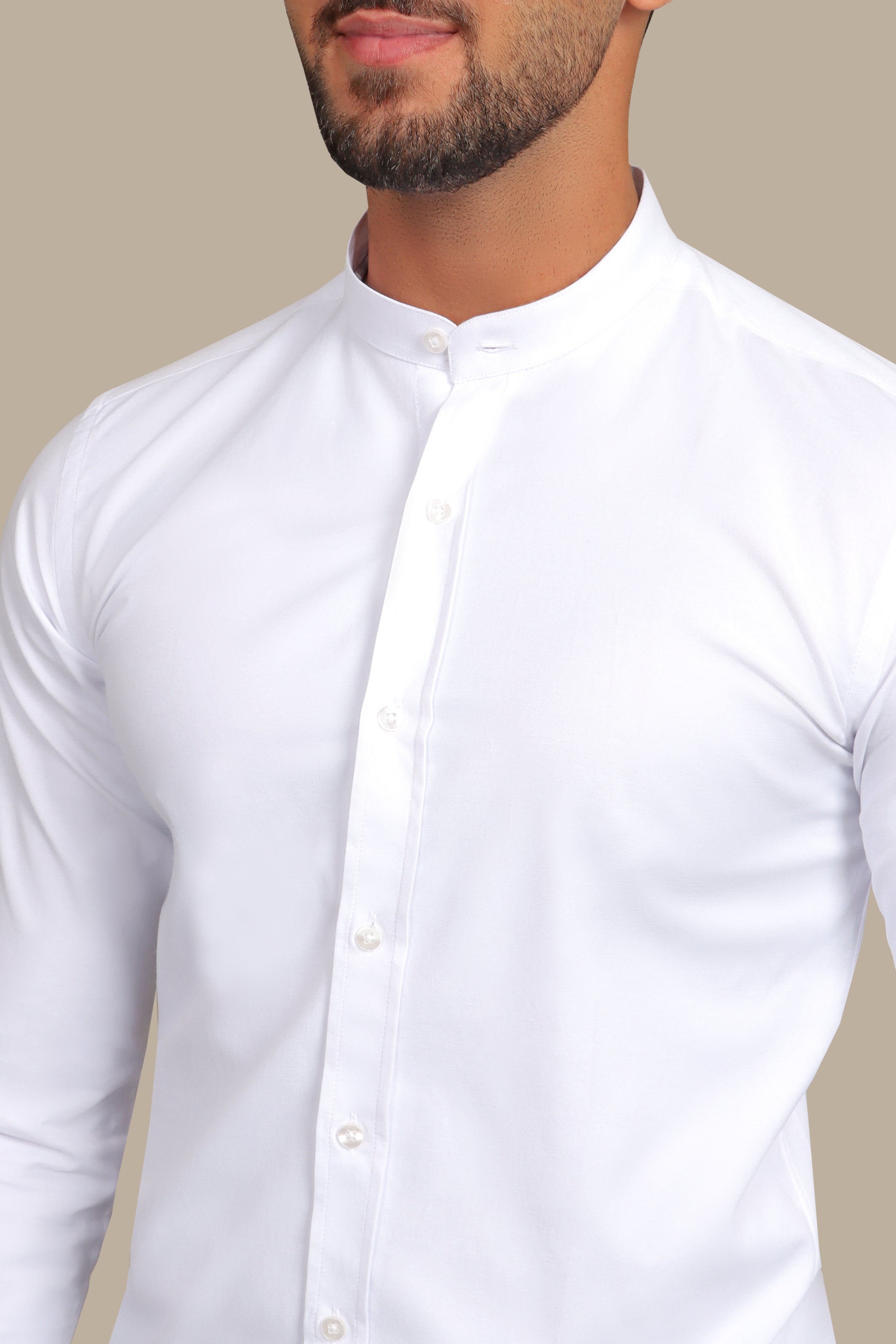 White Lycra Mao Collar Casual Shirt