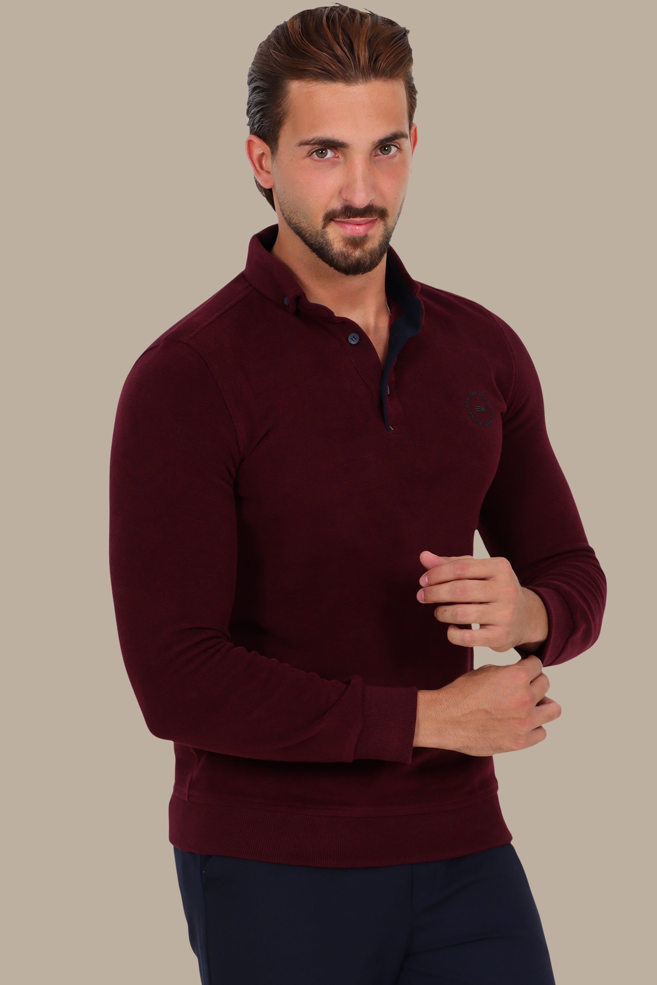 Long Sleeve Velvet Polo in Burgundy