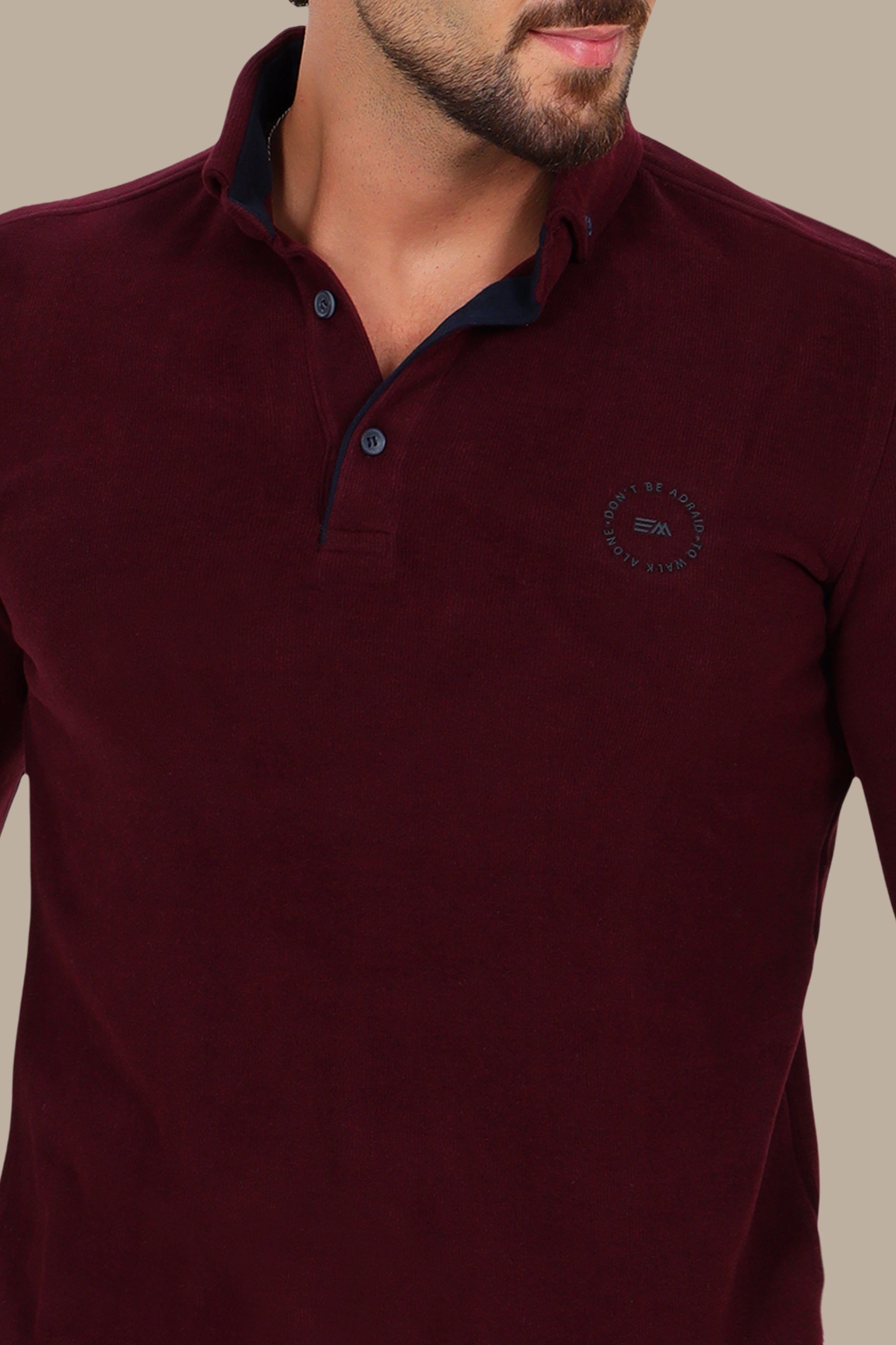 Long Sleeve Velvet Polo in Burgundy