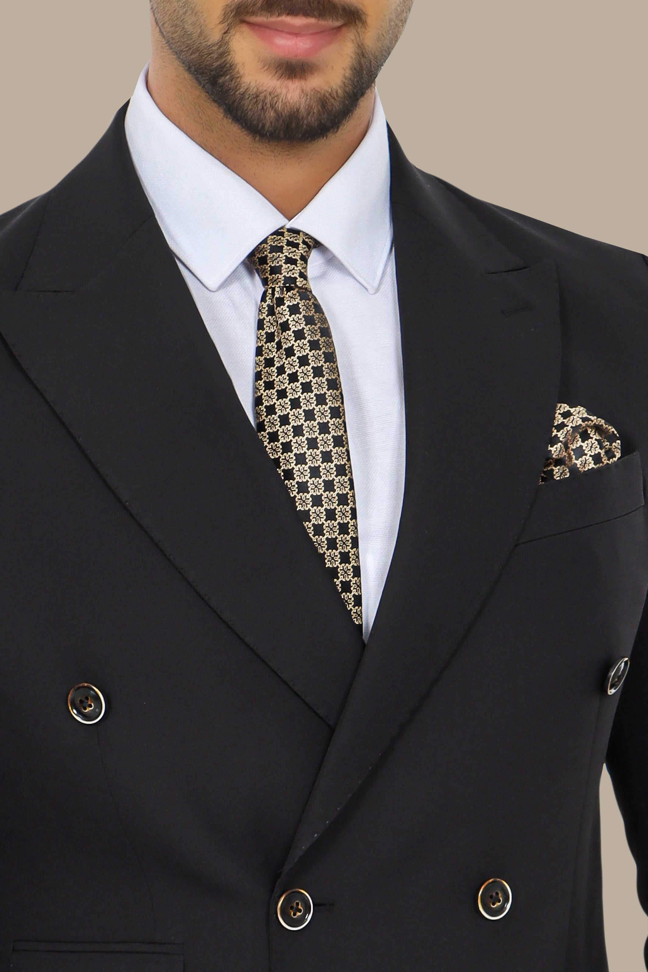 Black Double-Breasted Suit with Peak Lapel