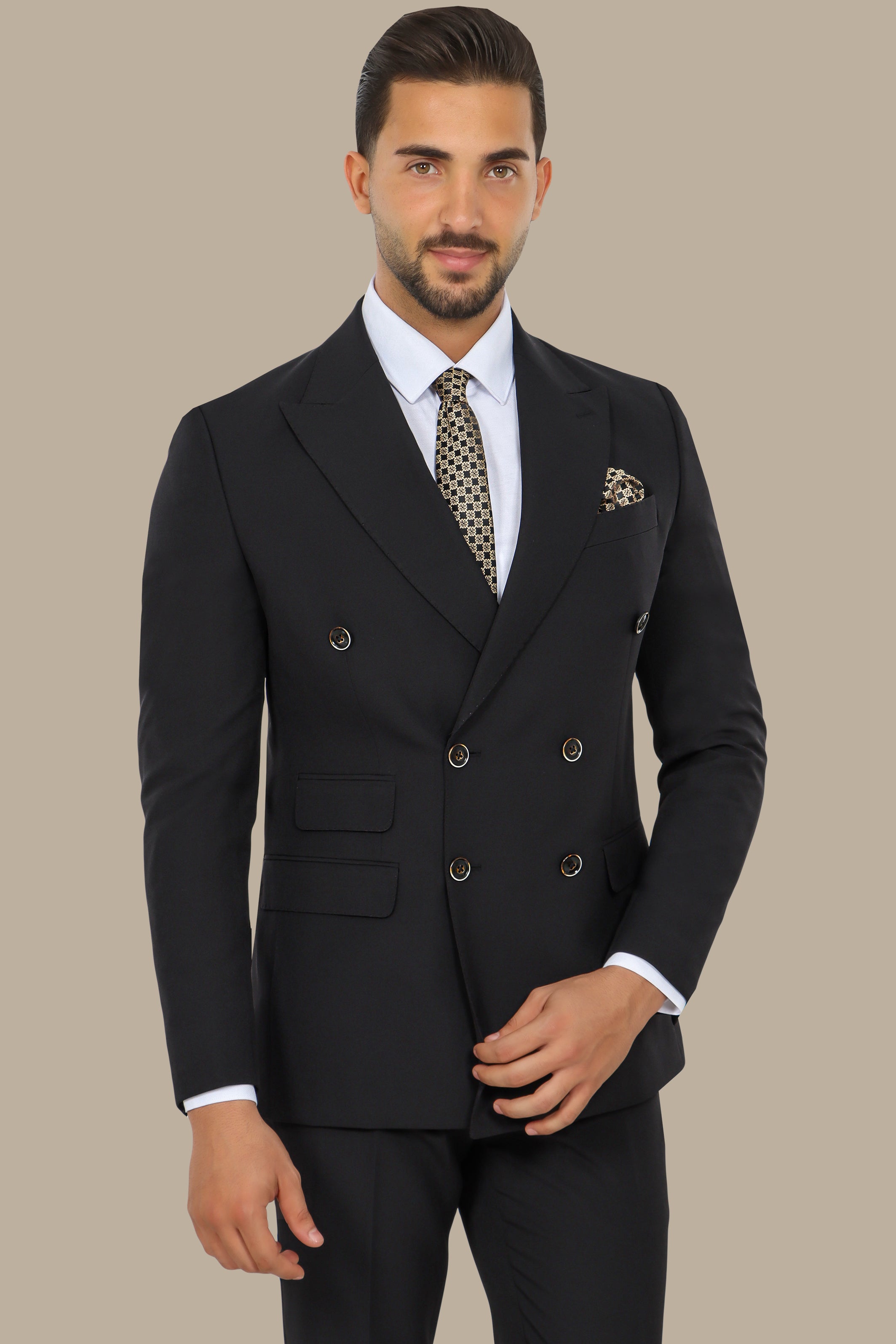 Black Double-Breasted Suit with Peak Lapel