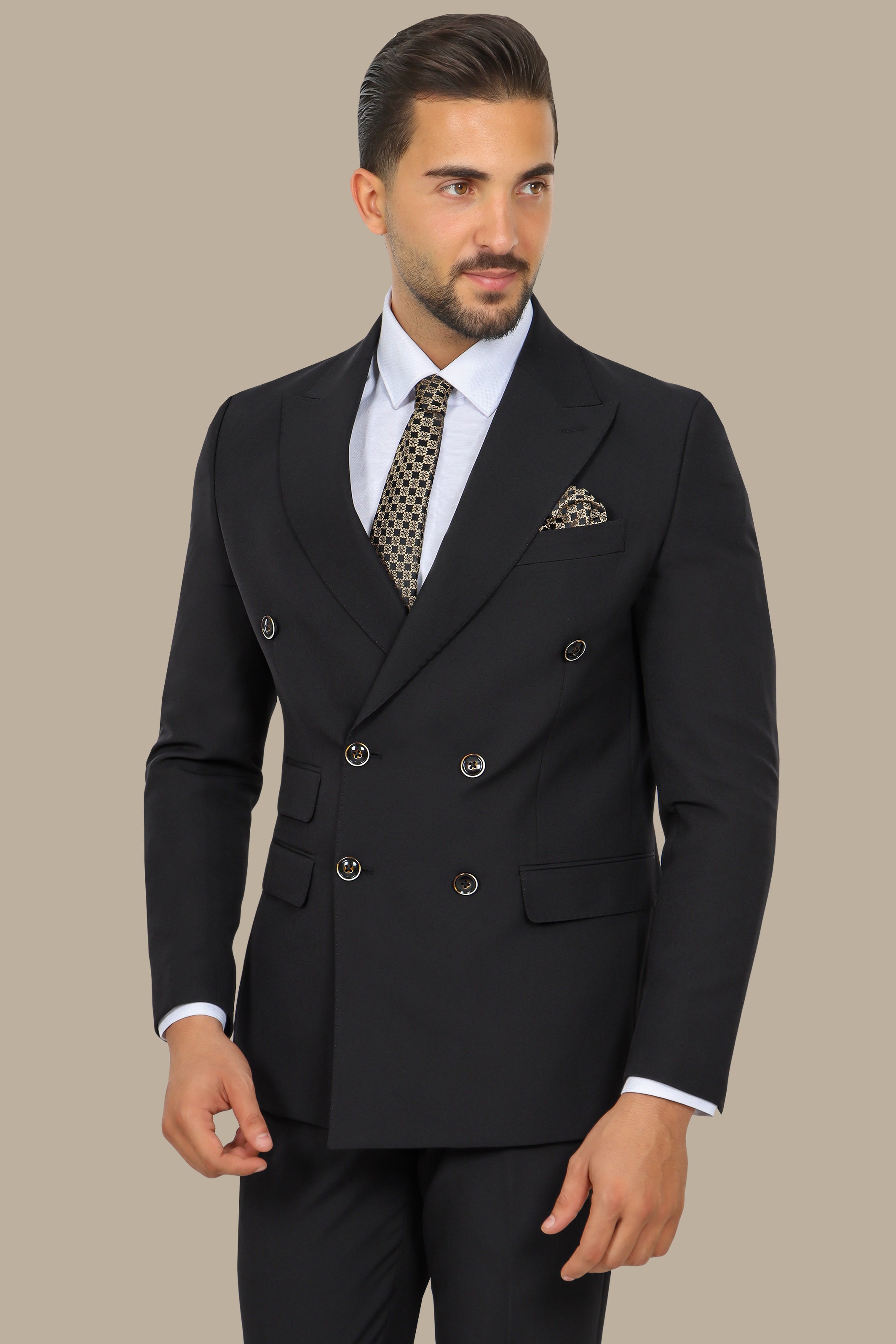 Black Double-Breasted Suit with Peak Lapel