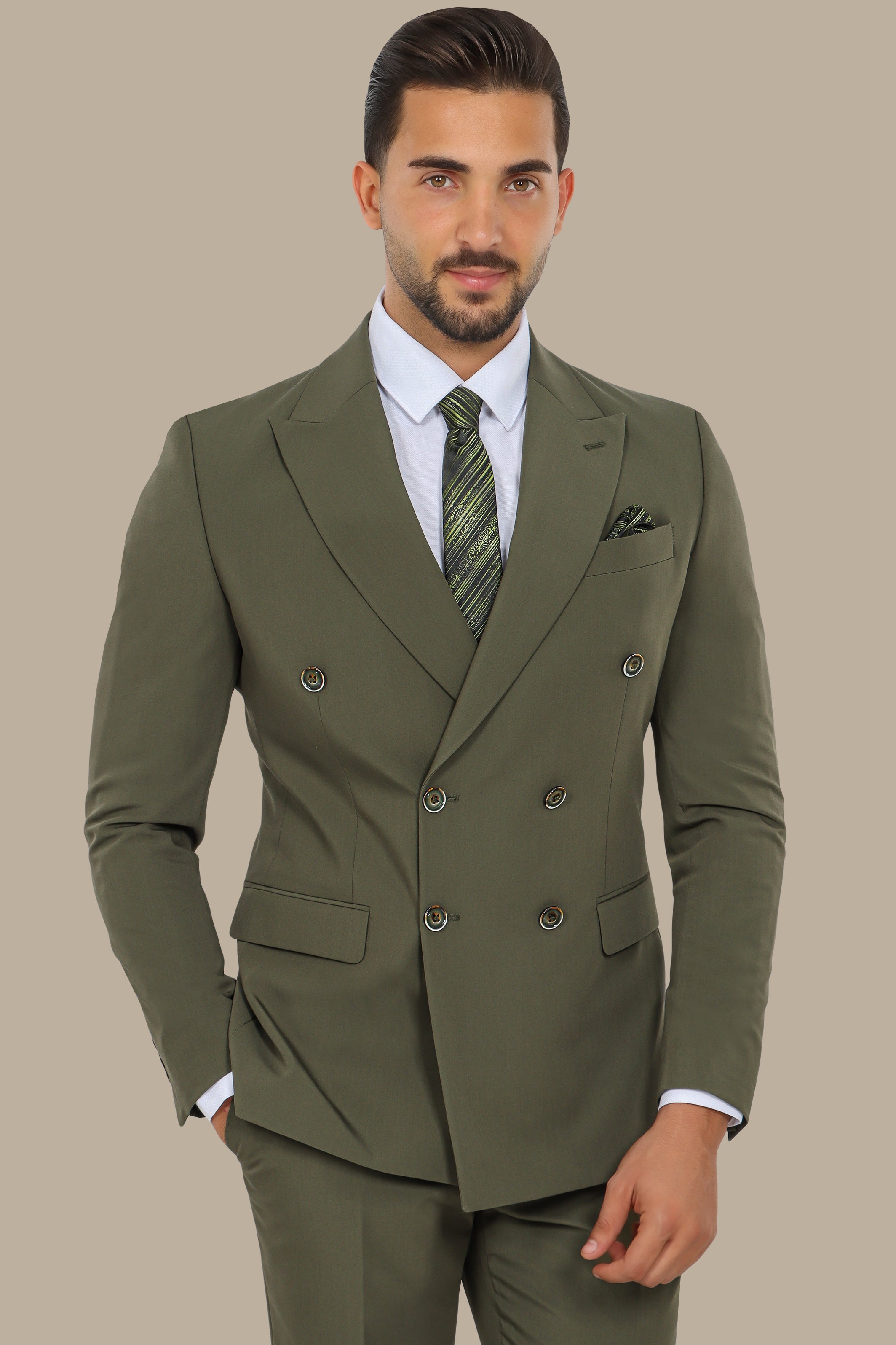 Double-Breasted Olive Suit with Peak Lapel