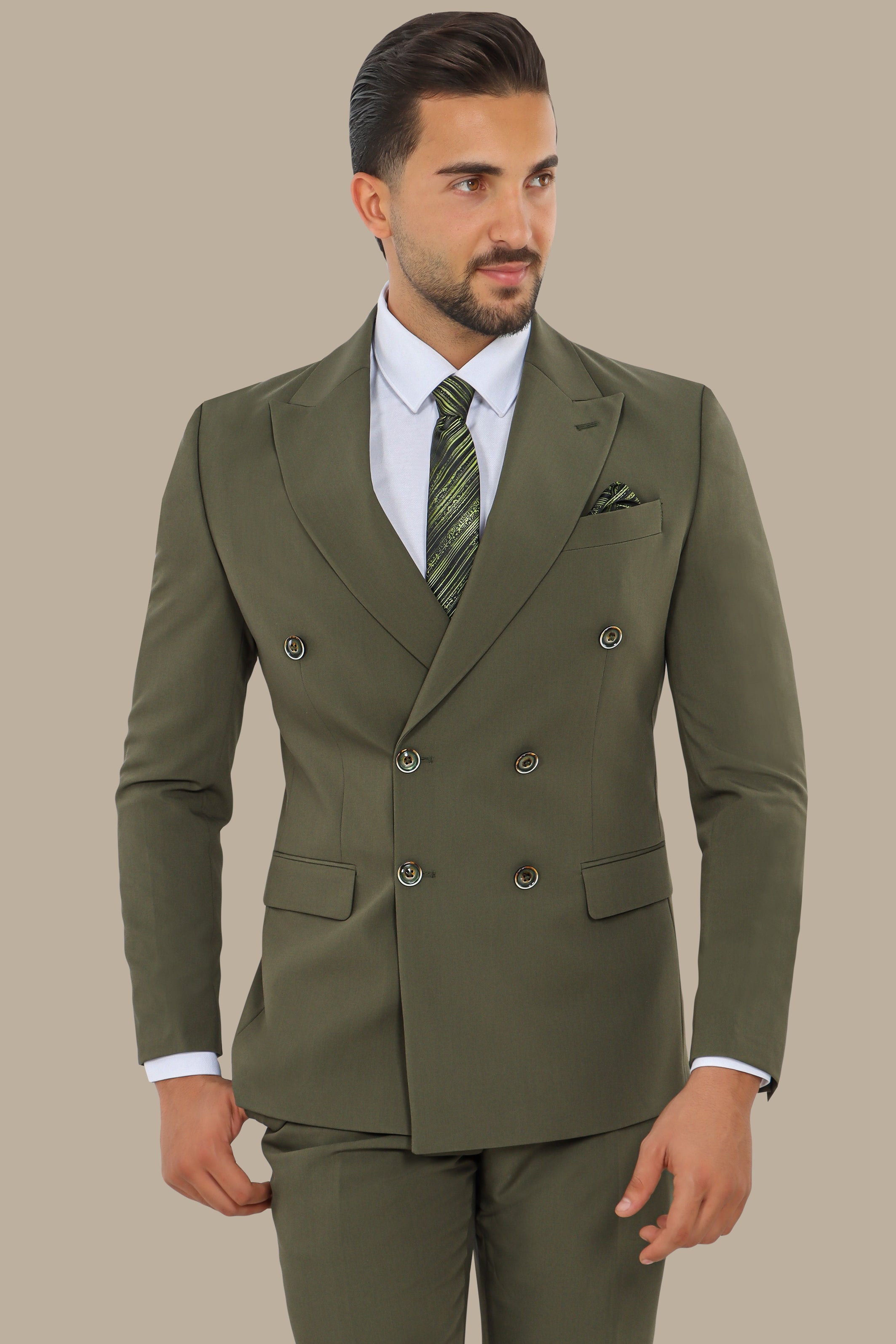 Double-Breasted Olive Suit with Peak Lapel