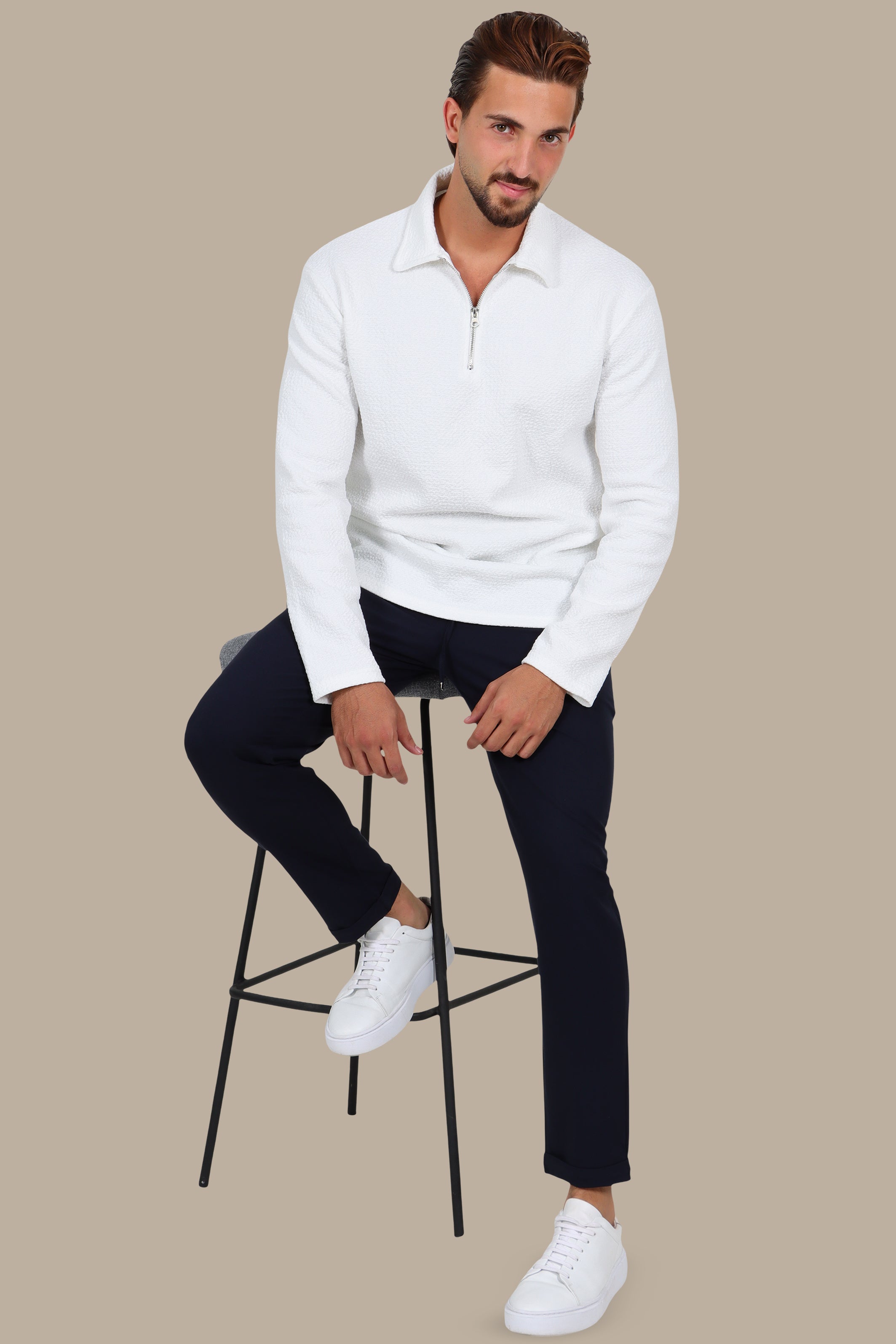 Long Sleeve Zipper Polo in Gofre Fabric White