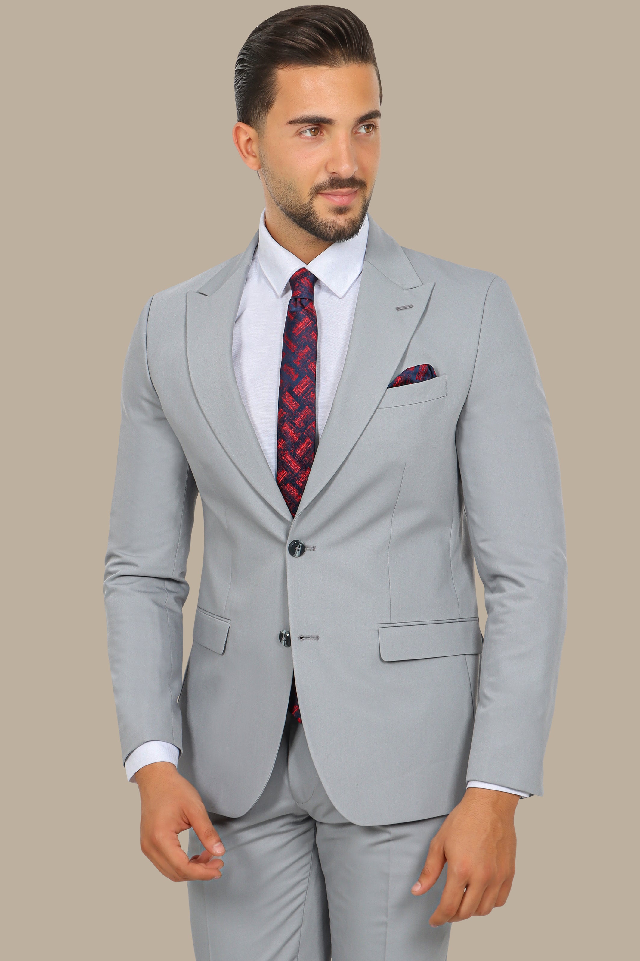 Grey 2-Piece Plain Suit with Peak Lapel