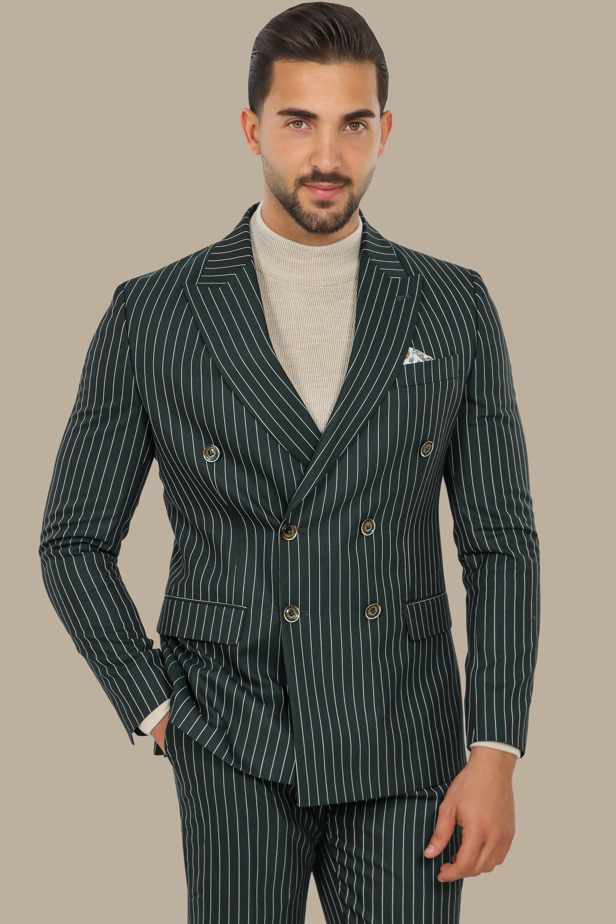 Green Double-Breasted Pinstripe Suit