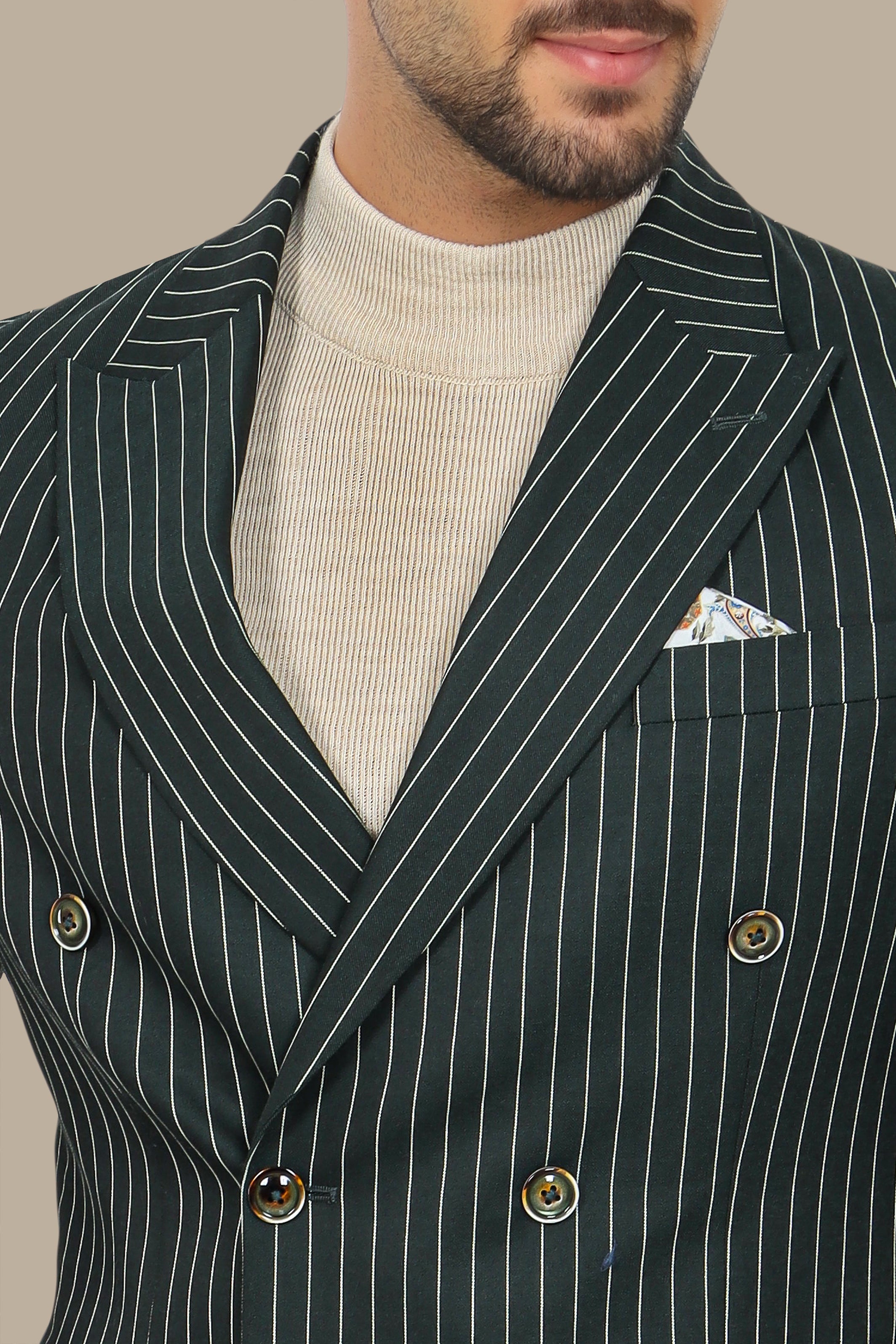 Green Double-Breasted Pinstripe Suit