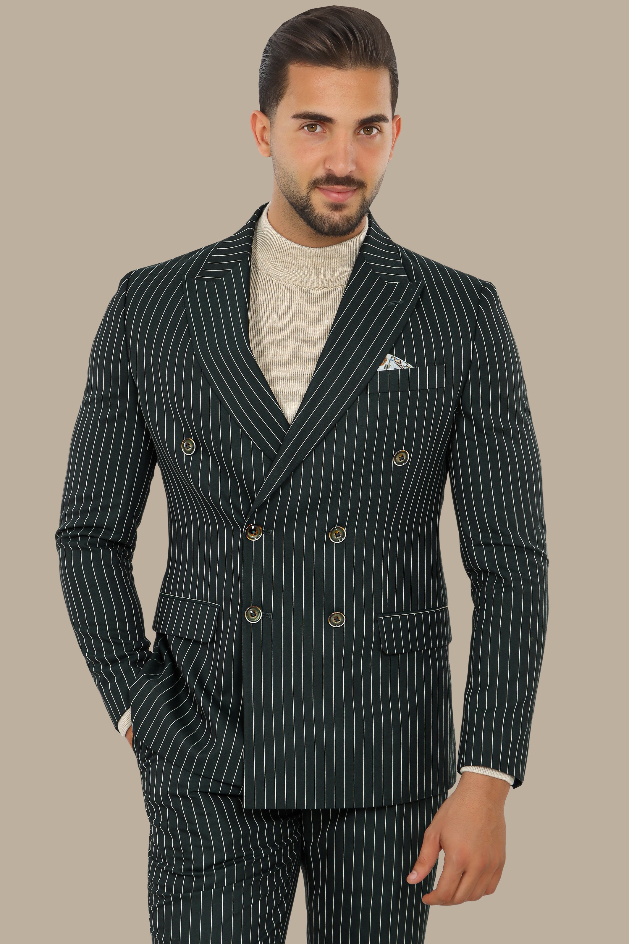 Green Double-Breasted Pinstripe Suit