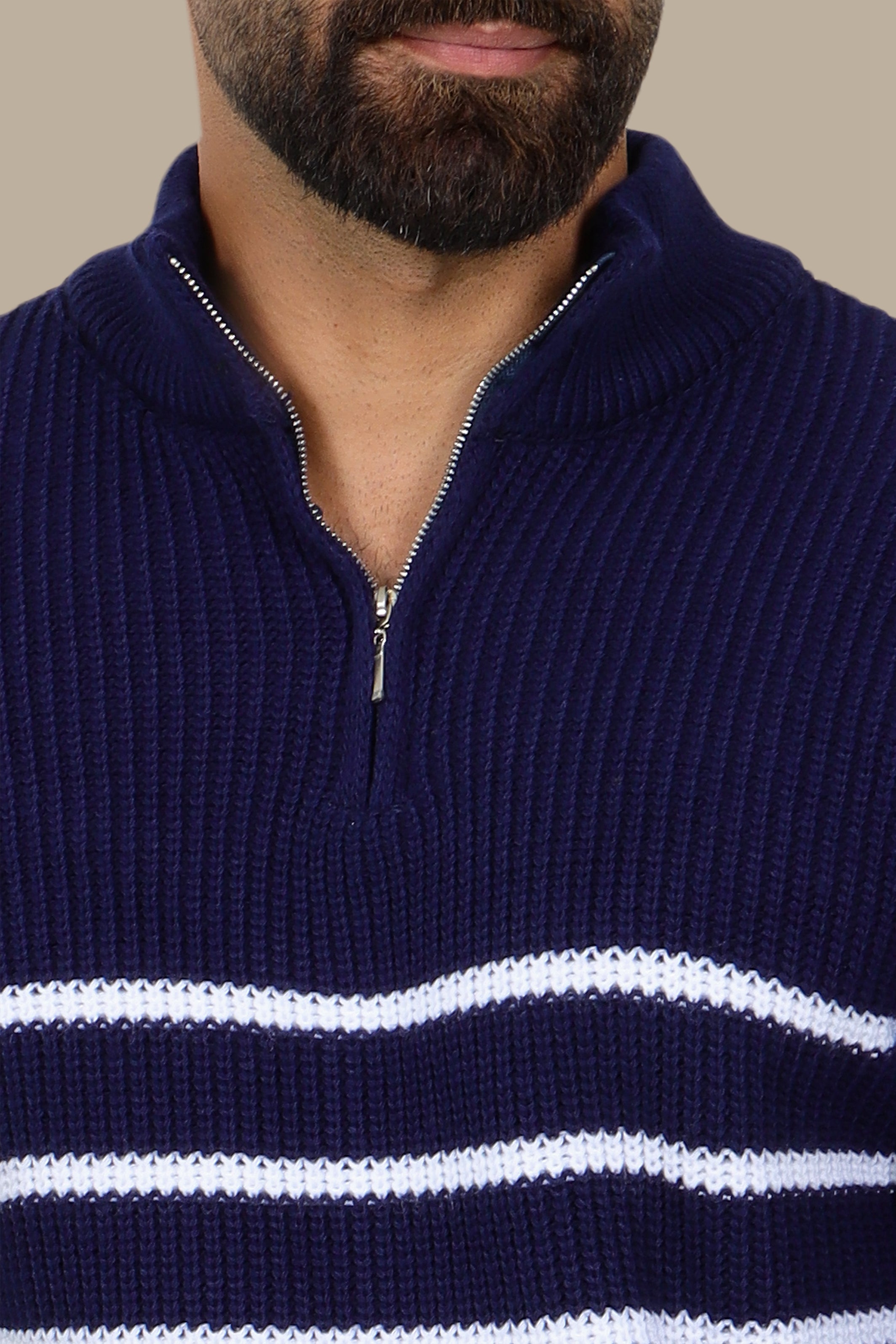 Mercerized Half-Zip Sweater with Small Stripes in Navy