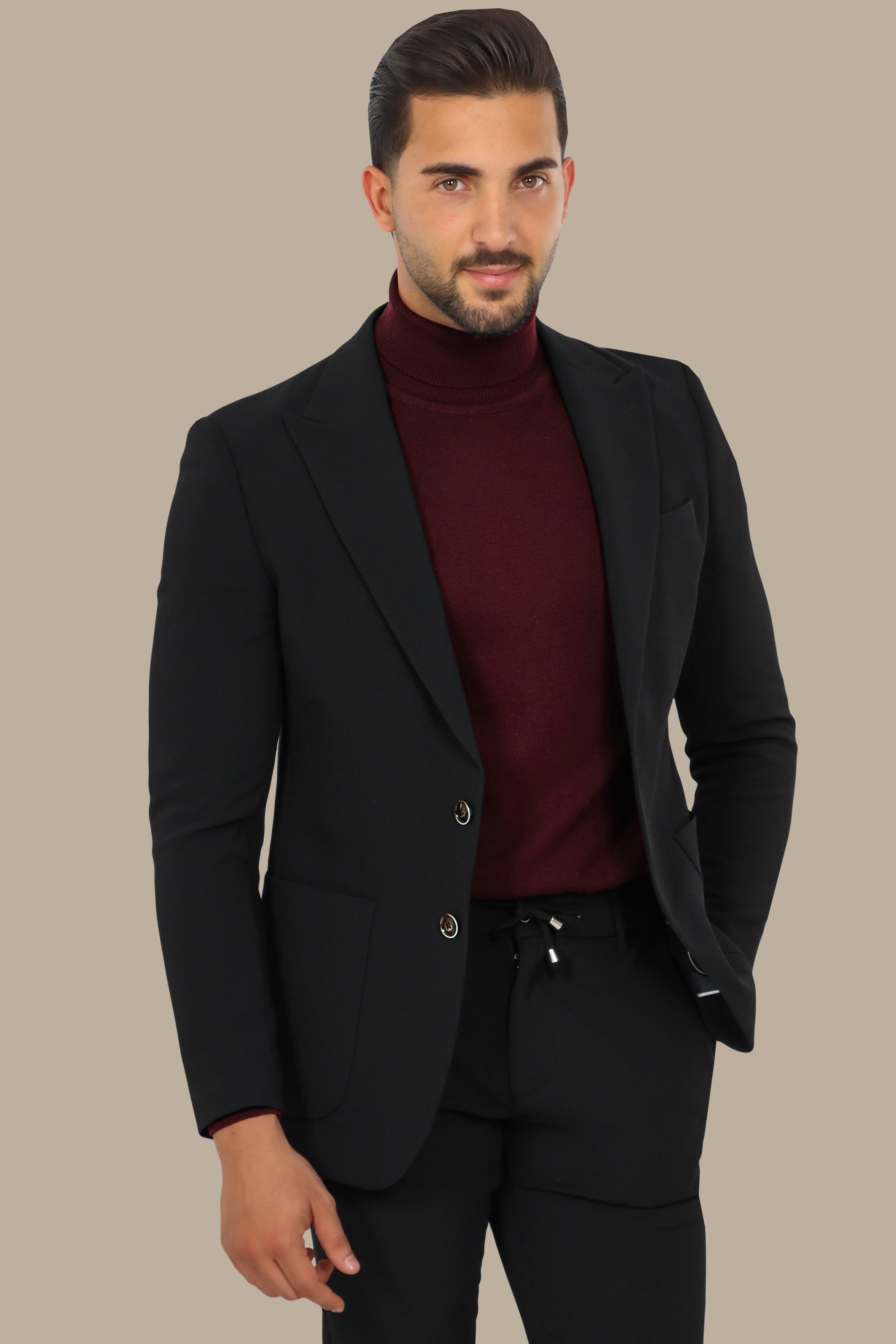 Black Travel Suit 2-Piece with Peak Lapel and Patch Pockets