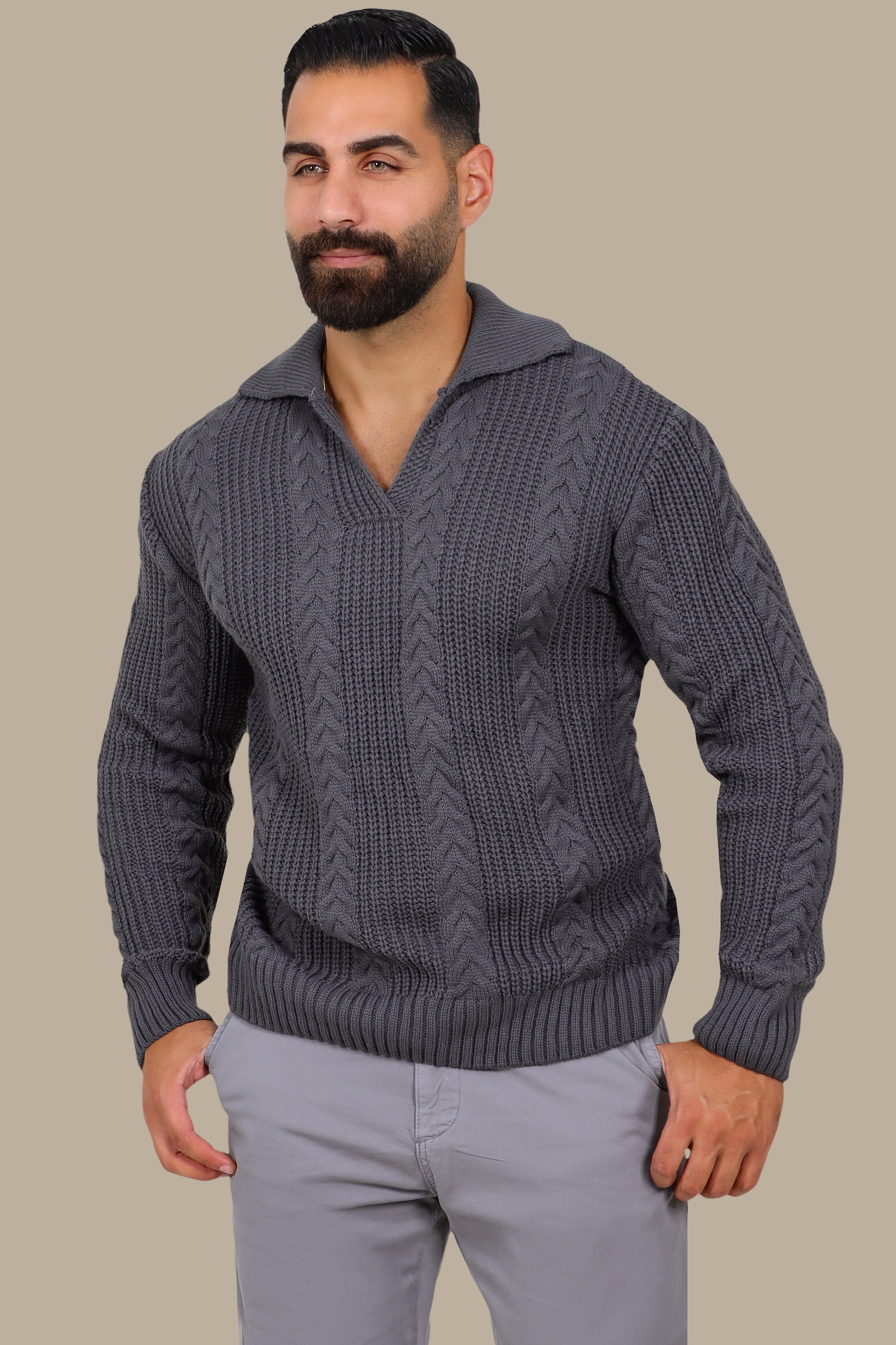 Grey Braided V-Neck Sweater