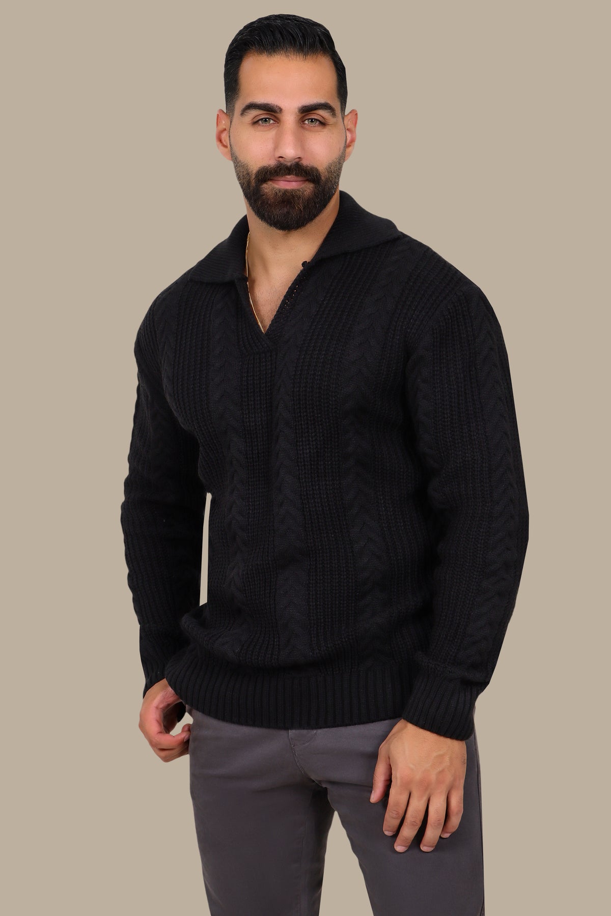 Braided V-Neck Sweater in Black