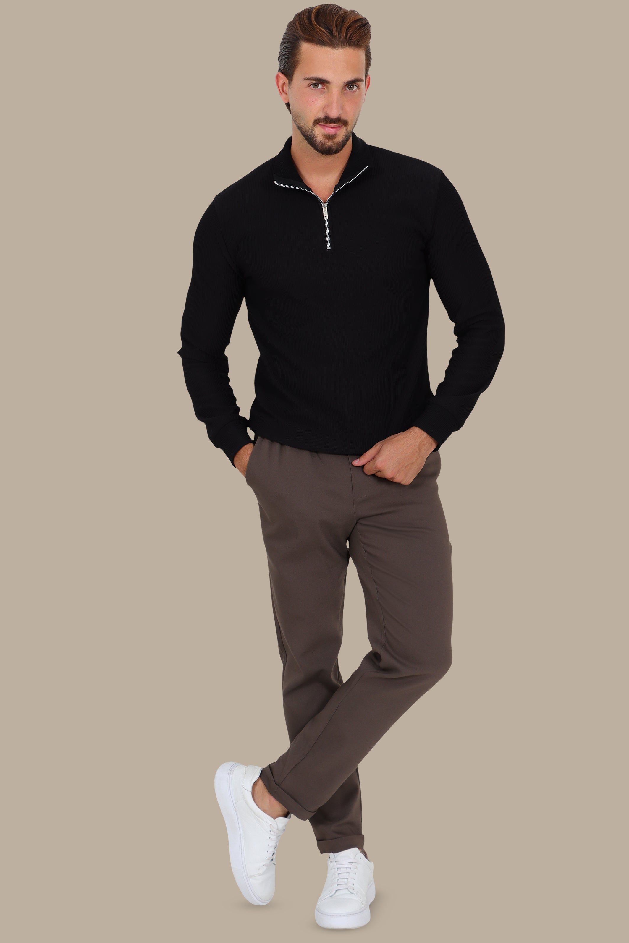 Long Sleeve Ribbed Half Zipper Sweater in Black