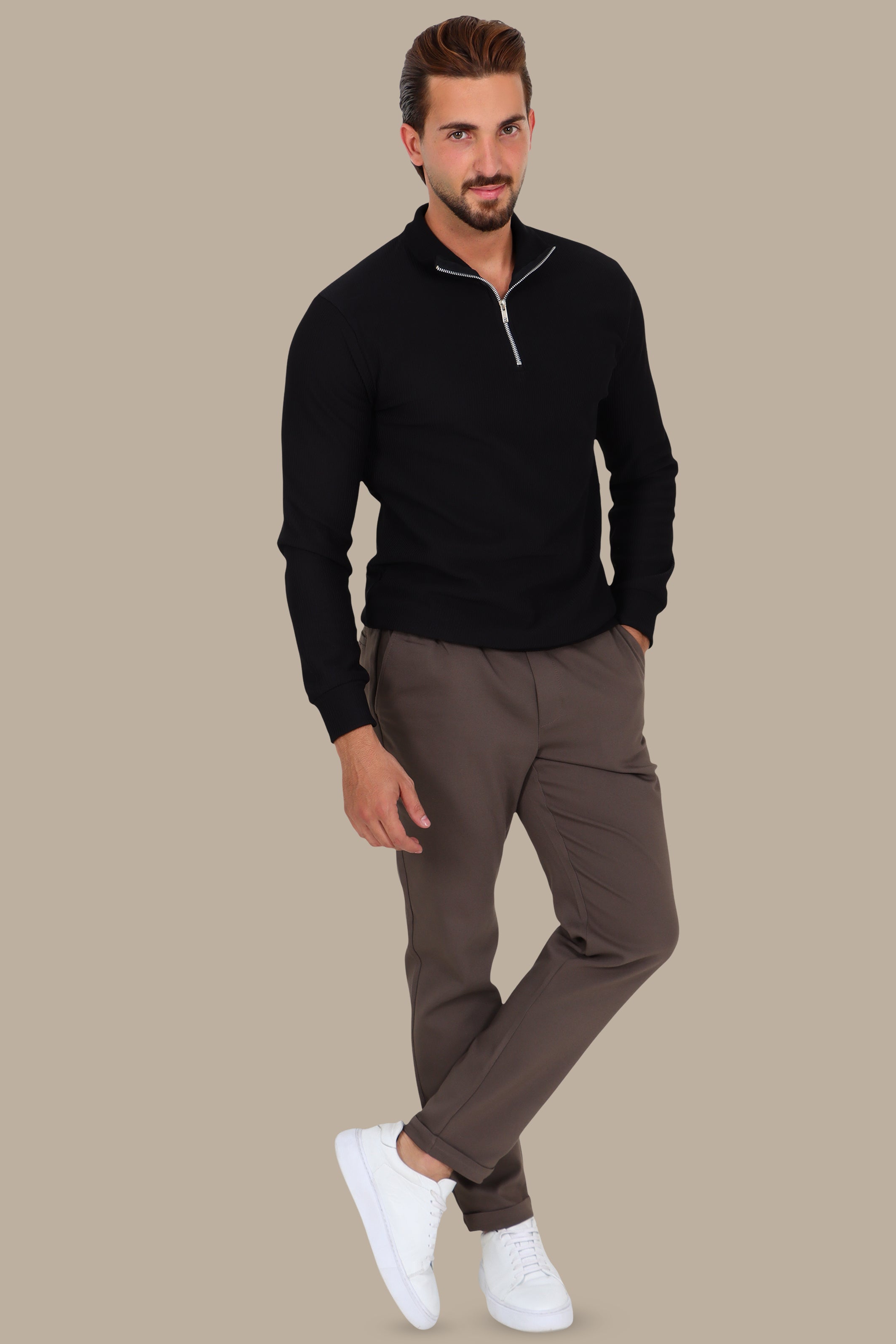 Long Sleeve Ribbed Half Zipper Sweater in Black