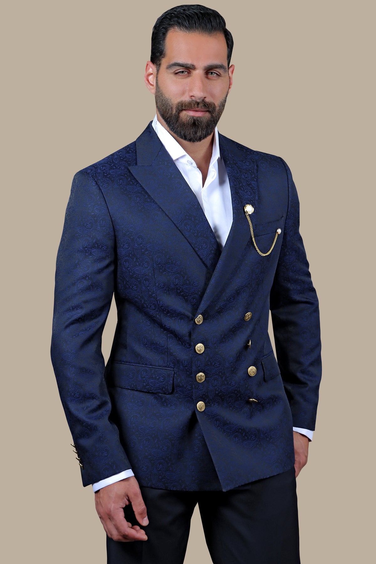 Navy Paisley Printed Blazer with Gold Buttons