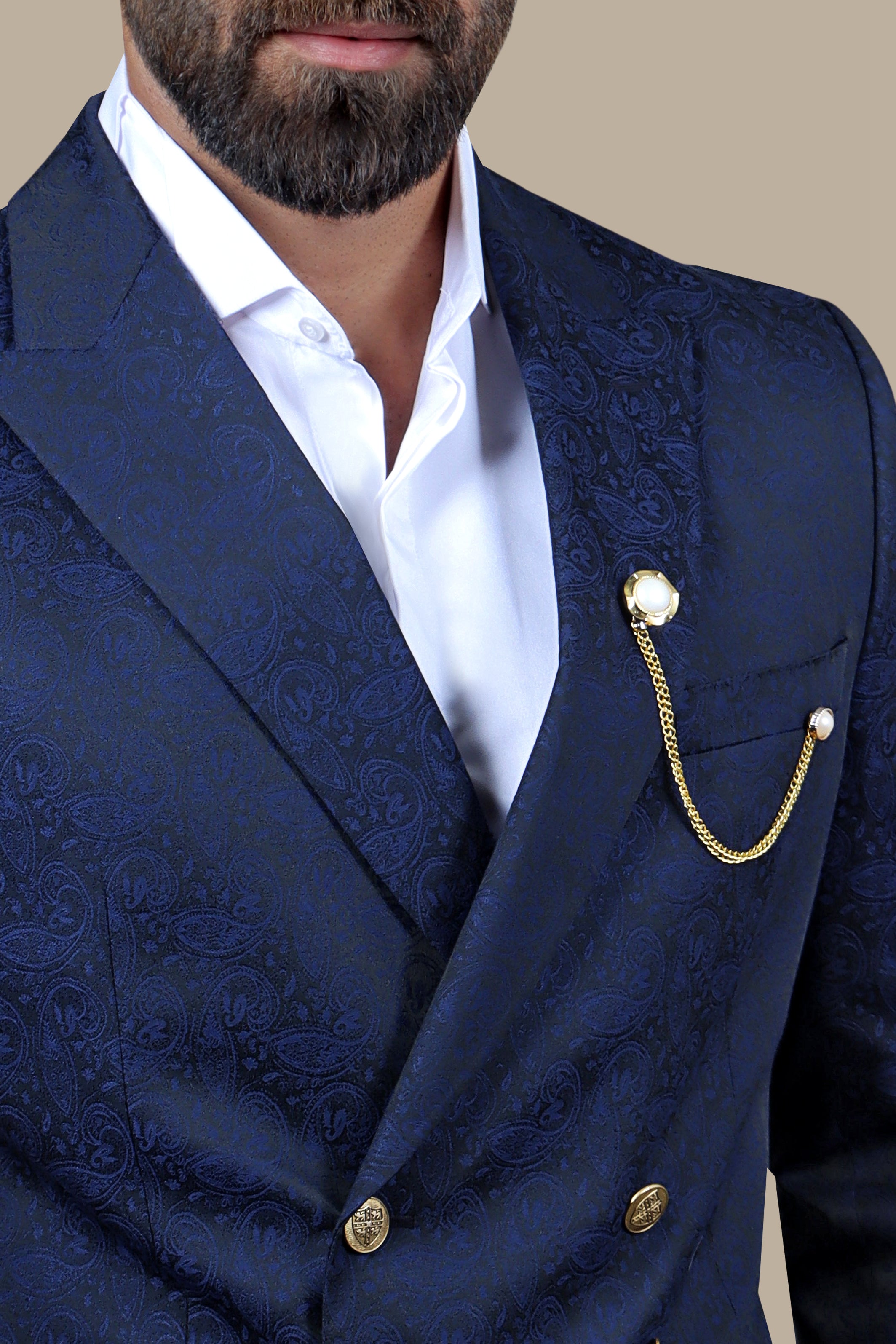 Navy Paisley Printed Blazer with Gold Buttons