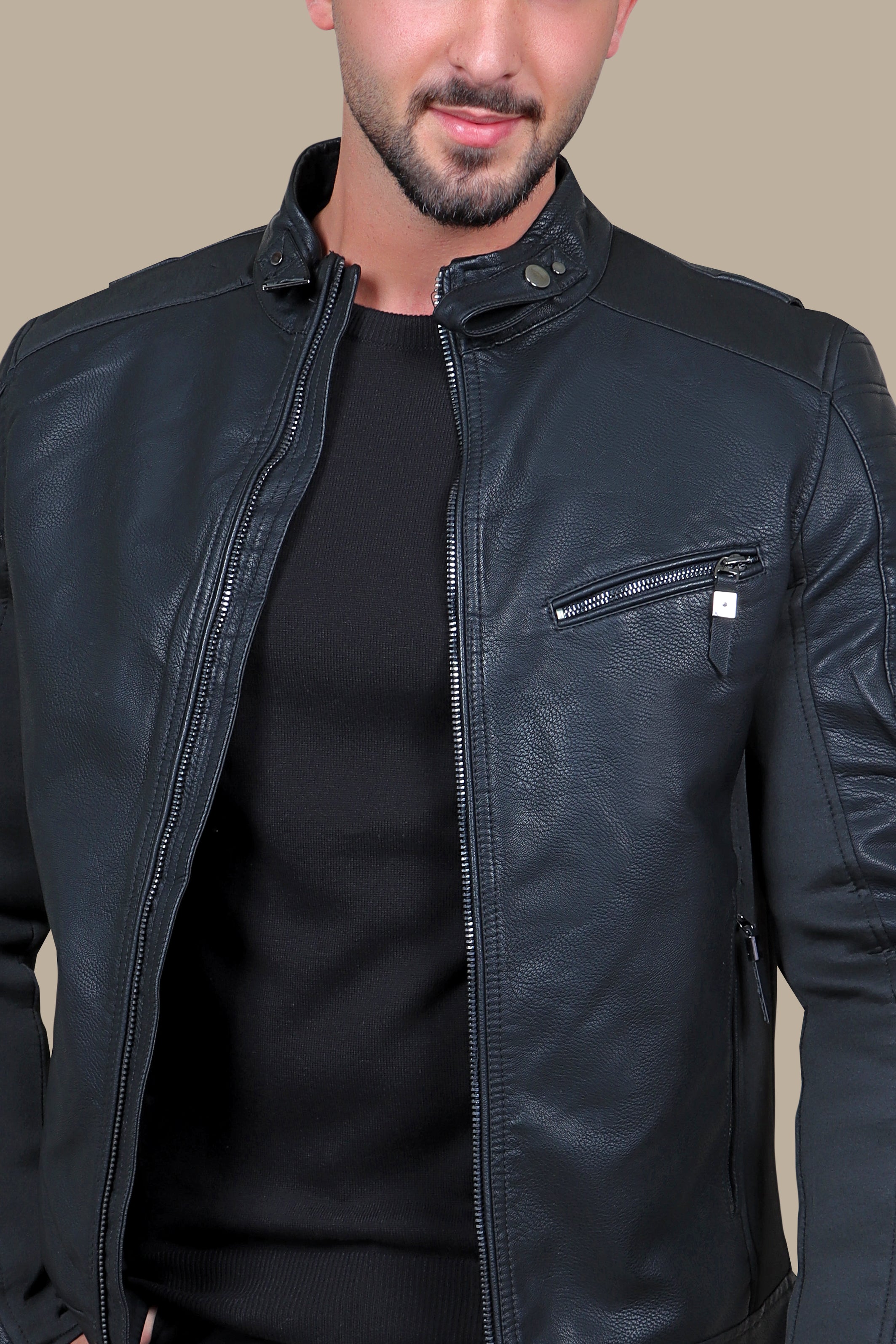 Black Elegance: Faux Leather Jacket with Neck Belt