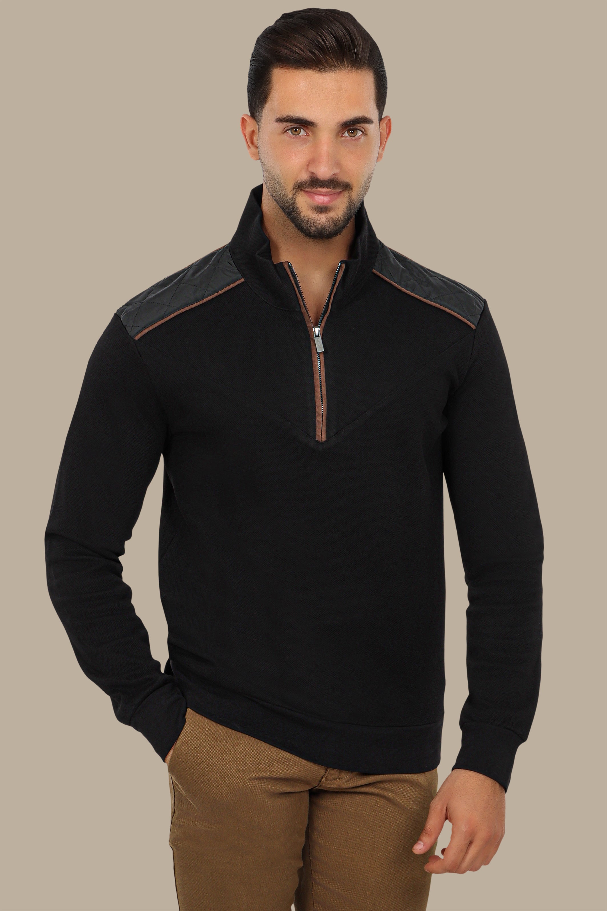 Black Half-Zip Sweater with V-Cut and Shoulder Detail