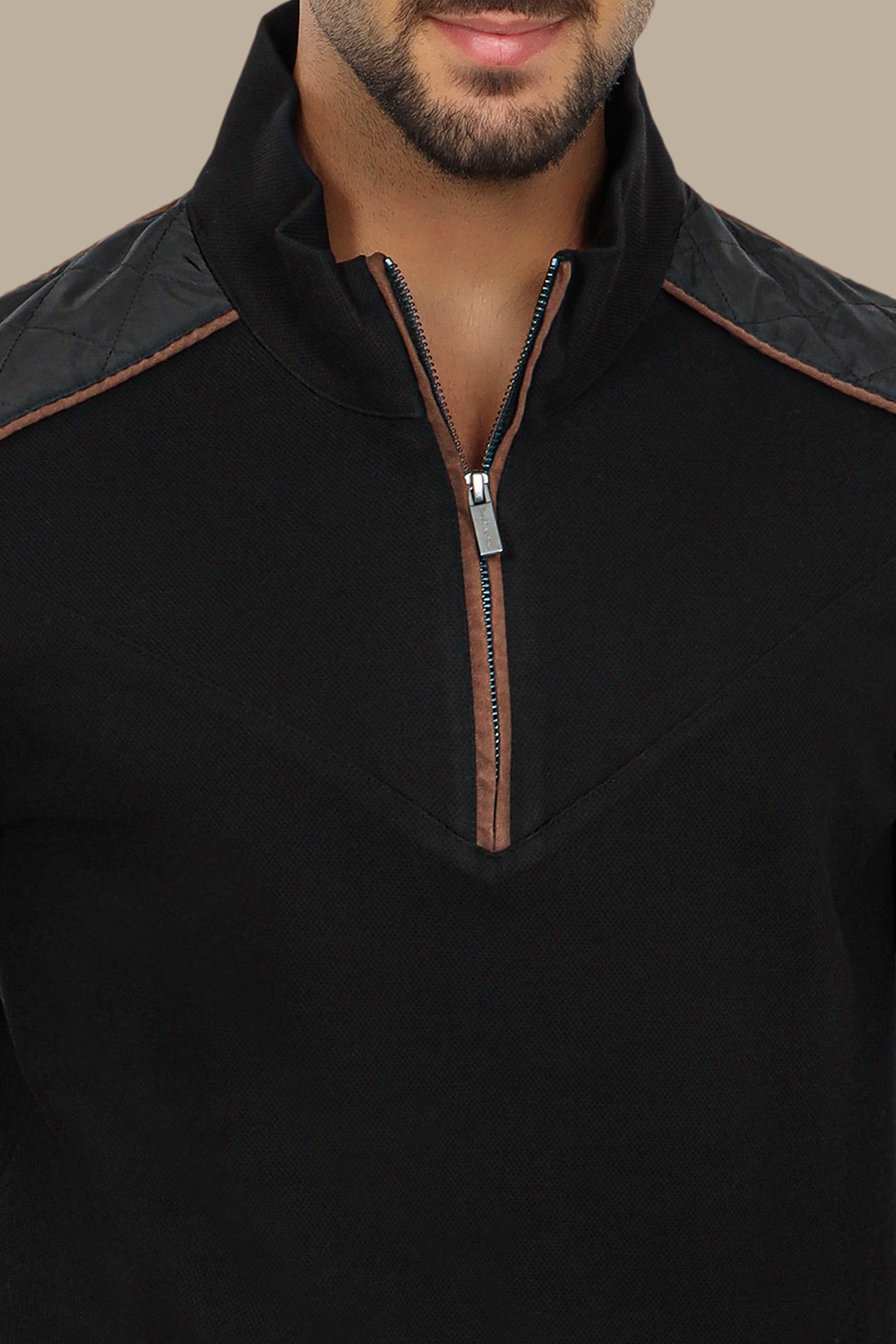 Black Half-Zip Sweater with V-Cut and Shoulder Detail