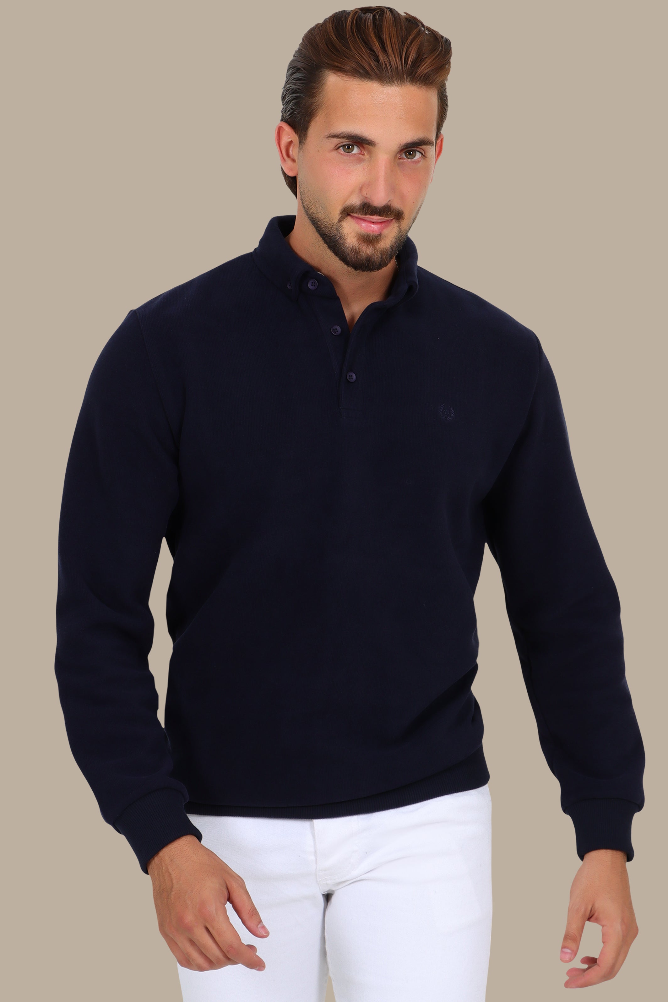 Velvet Button-Down Polo in Navy