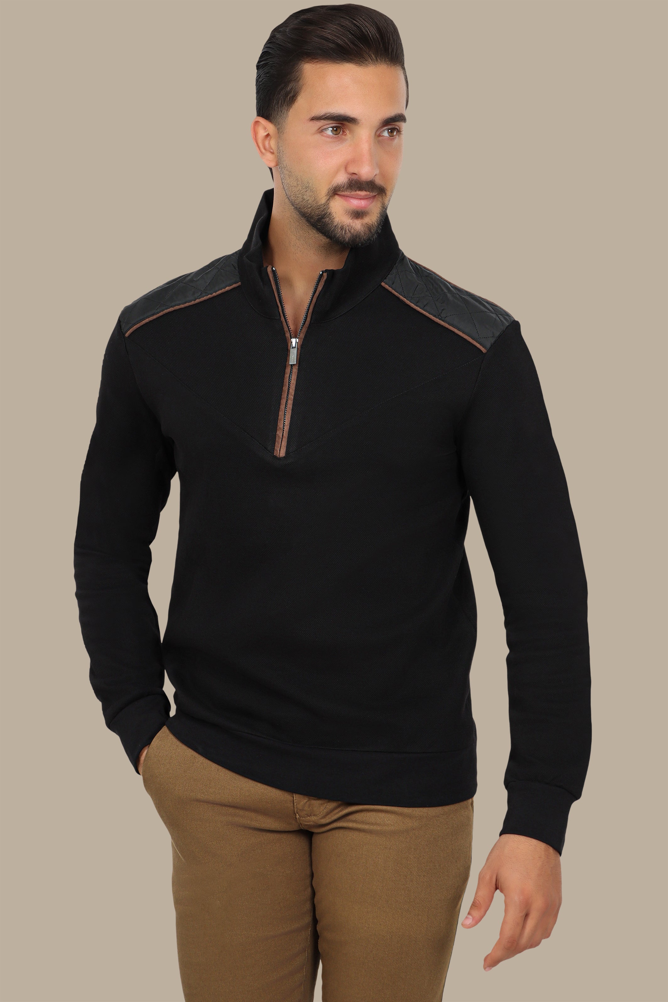 Black Half-Zip Sweater with V-Cut and Shoulder Detail